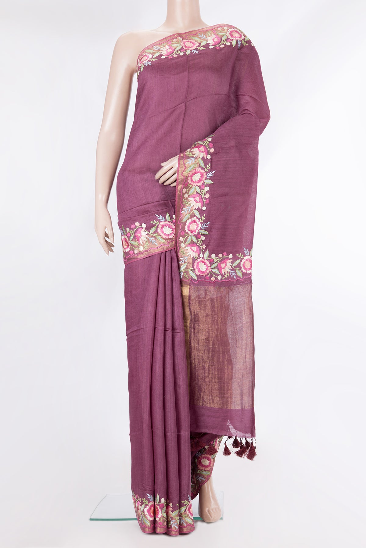 Pure Silk Mauve Tussar Saree with Plain Body and Embroidery Border.  displayed on a mannequin