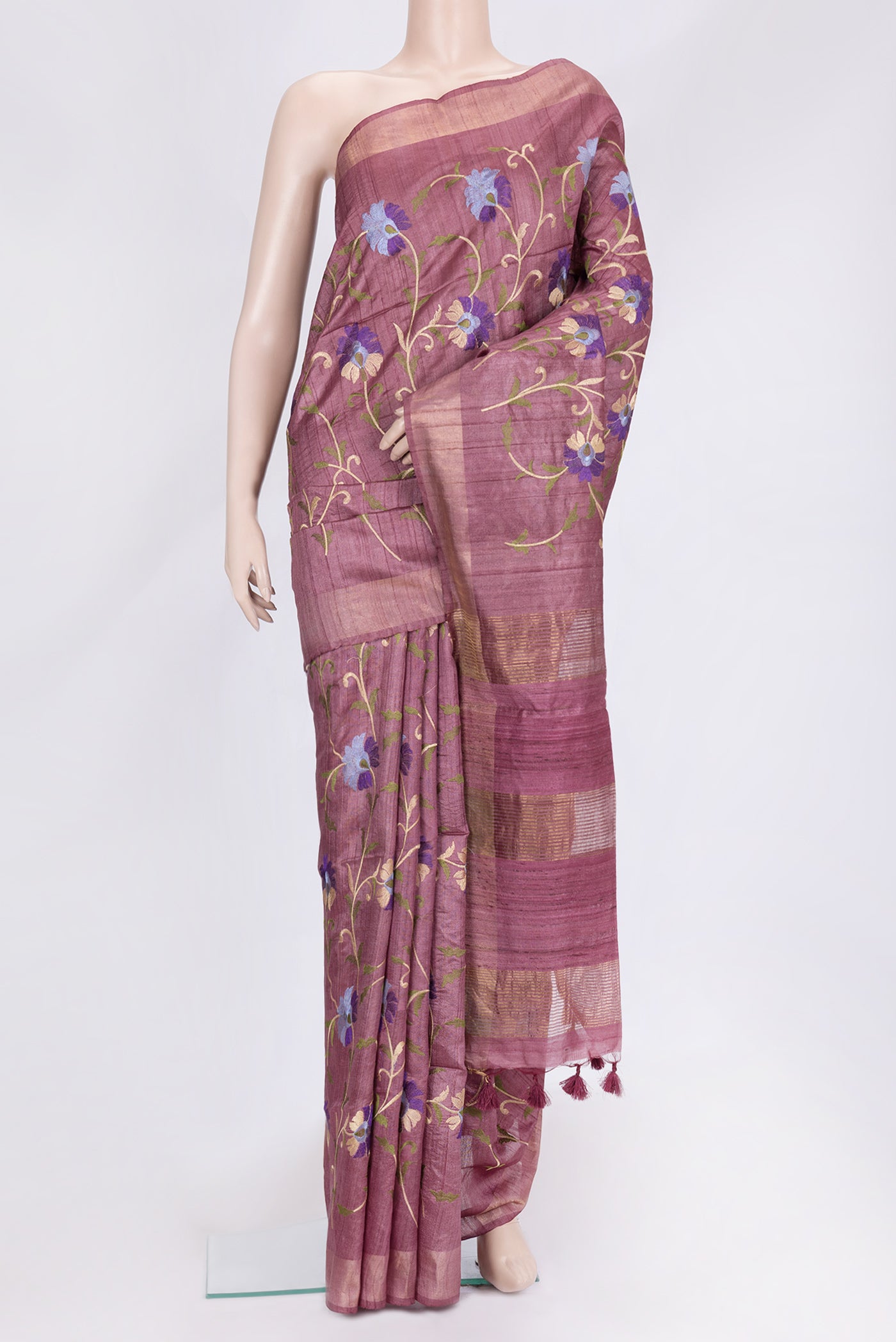 Pink Dual Tone Tussar Silk Saree with Embroidery on the body and Zari Border.  displayed on a mannequin