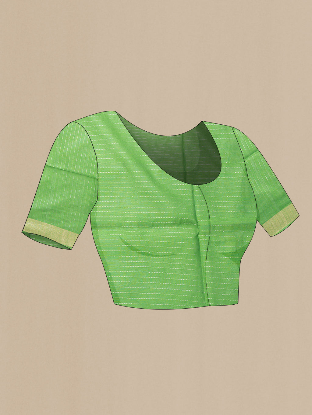 Close up image of the blouse of Parrot Green Dual Tone Tussar Silk Saree with Zari Butta on the body and Zari Border. 