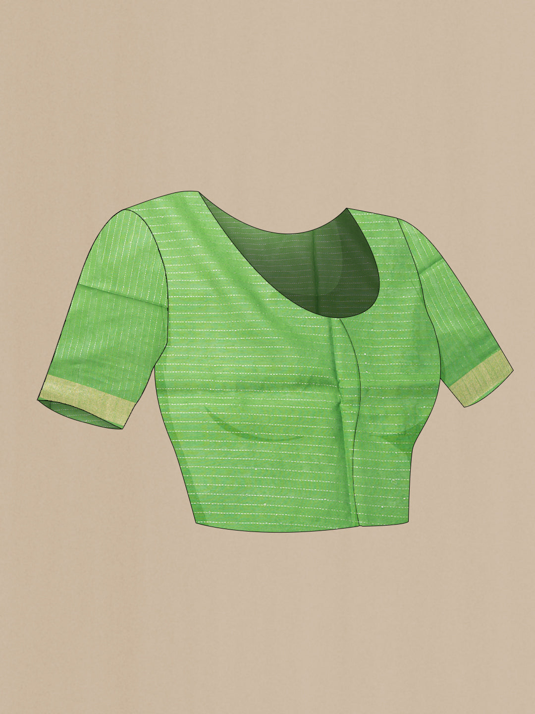 Close up image of the blouse of Parrot Green Dual Tone Tussar Silk Saree with Zari Butta on the body and Zari Border. 