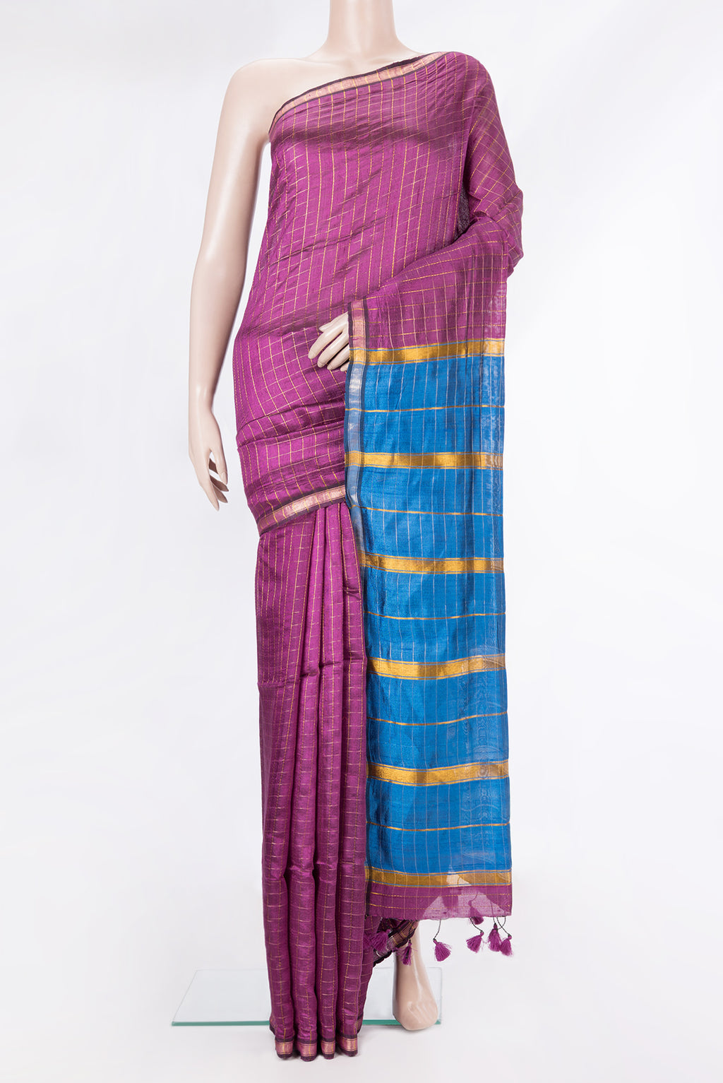 Pure Silk Magenta Dual Tone Tussar Saree with Checked design on the body and Zari Border.  displayed on a mannequin