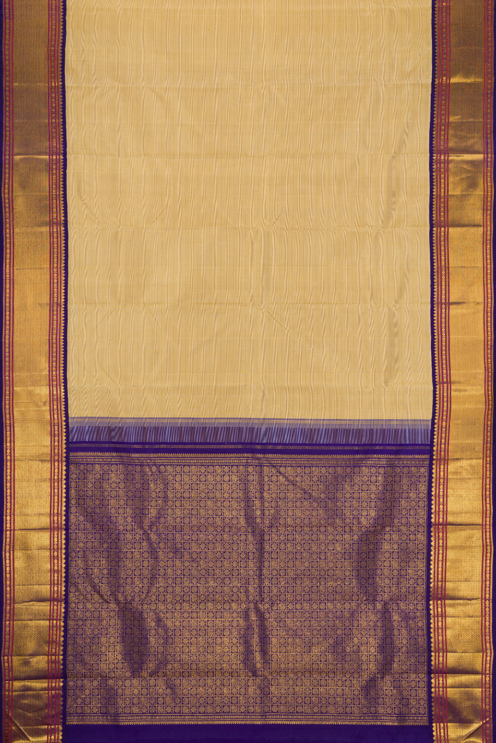 Flat view of Beige Dual Tone Kanjivaram Silk Saree with Plain Body and Zari Border. 