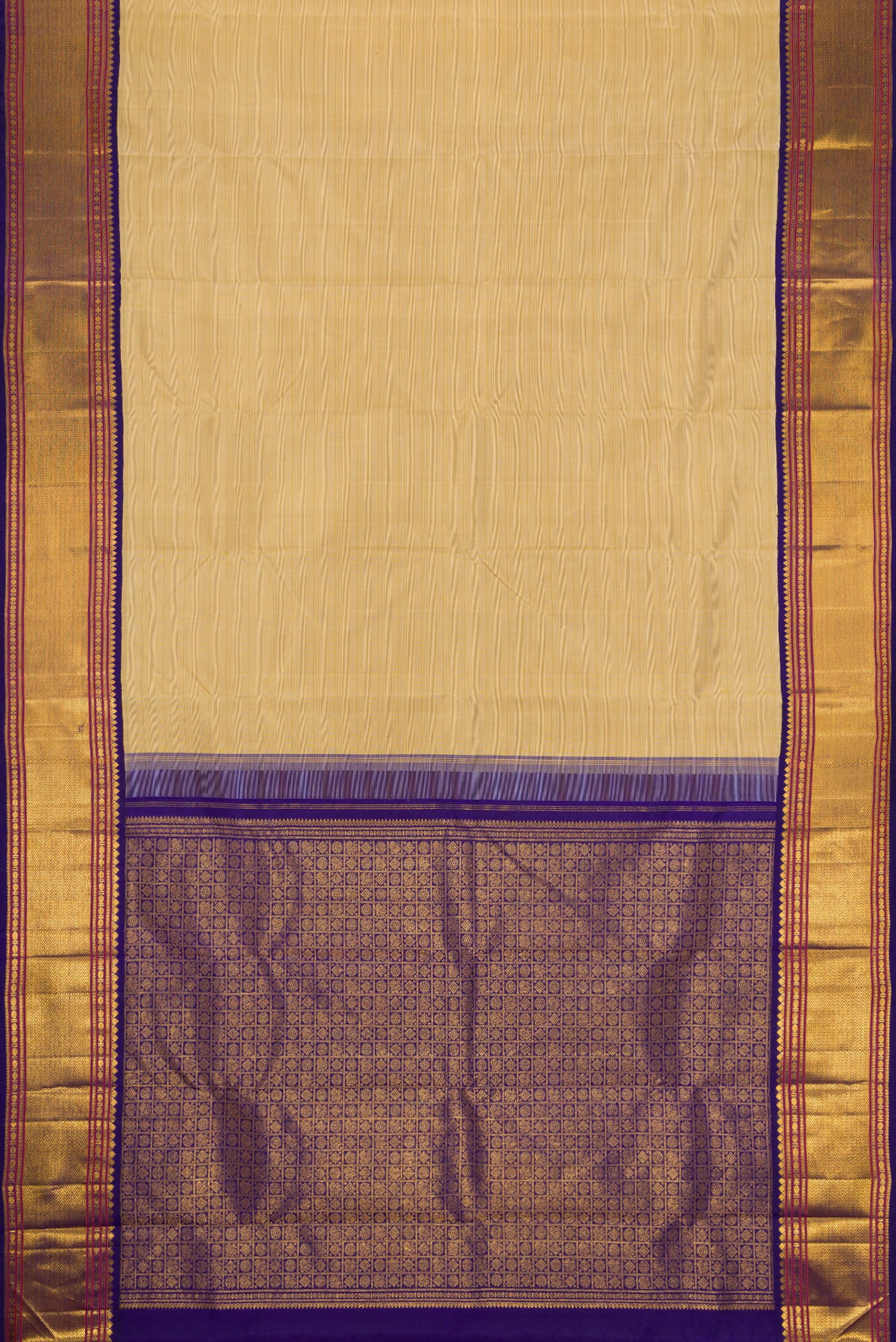 Flat view of Beige Dual Tone Kanjivaram Silk Saree with Plain Body and Zari Border. 
