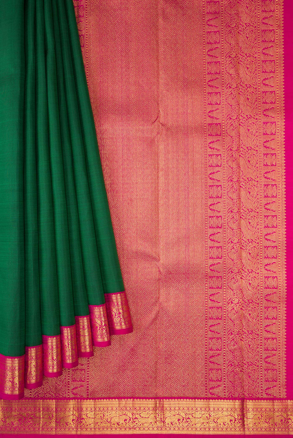 Pleats and pallu of Bottle Green Dual Tone Kanjivaram Silk Saree with Plain Body and Zari Border. 