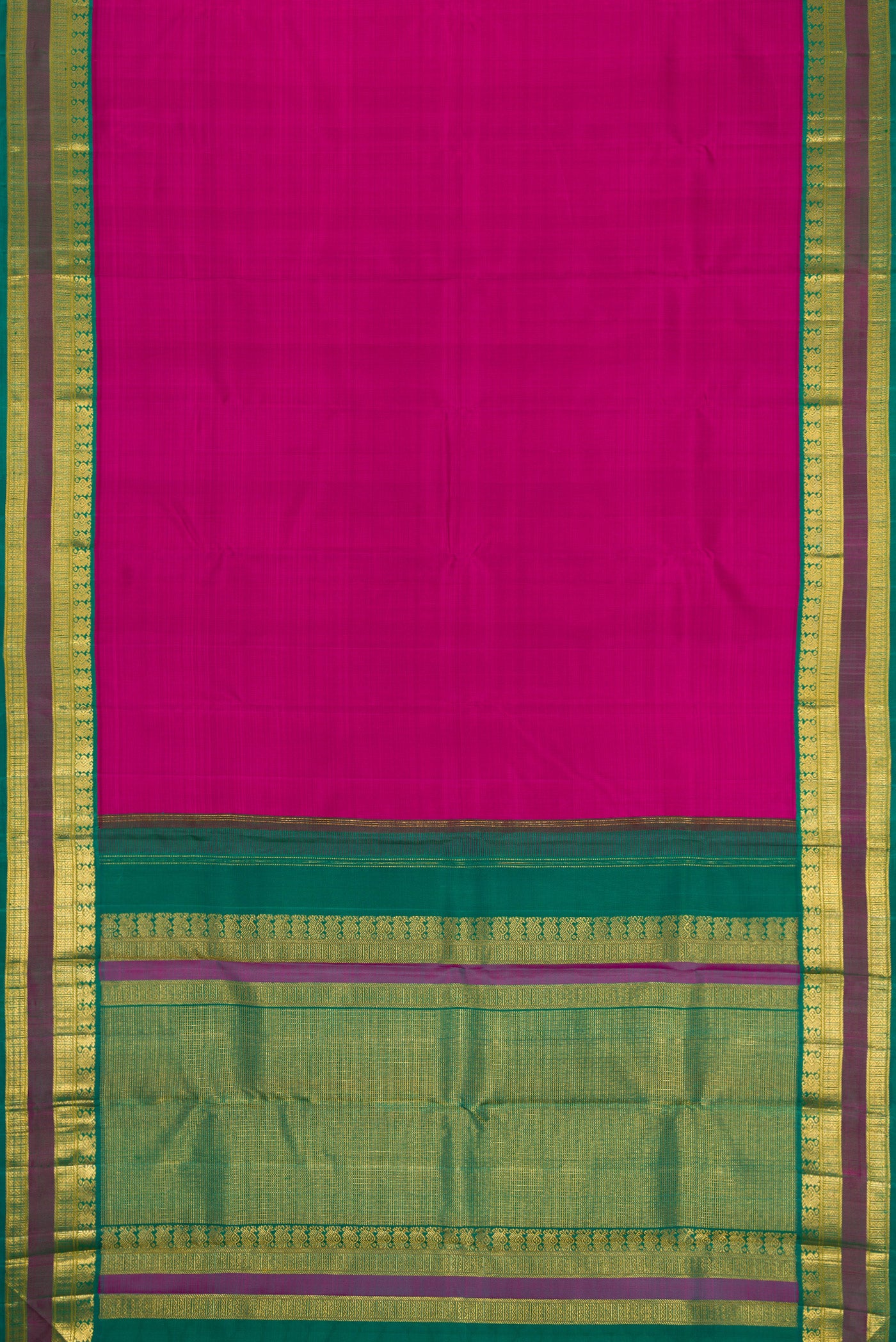 Flat view of Magenta Dual Tone Kanjivaram Silk Saree with Plain Body and Zari Border. 