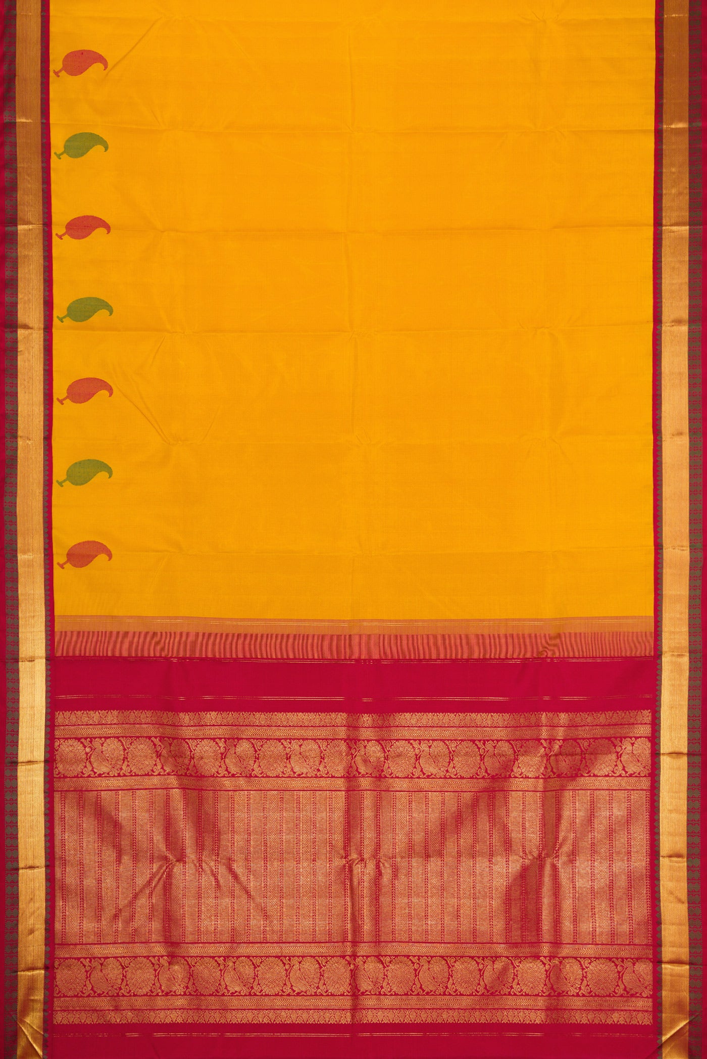Flat view of Pure Silk Pure Zari Mustard Dual Tone Kanjivaram Saree with Plain Body and Fancy Border. 