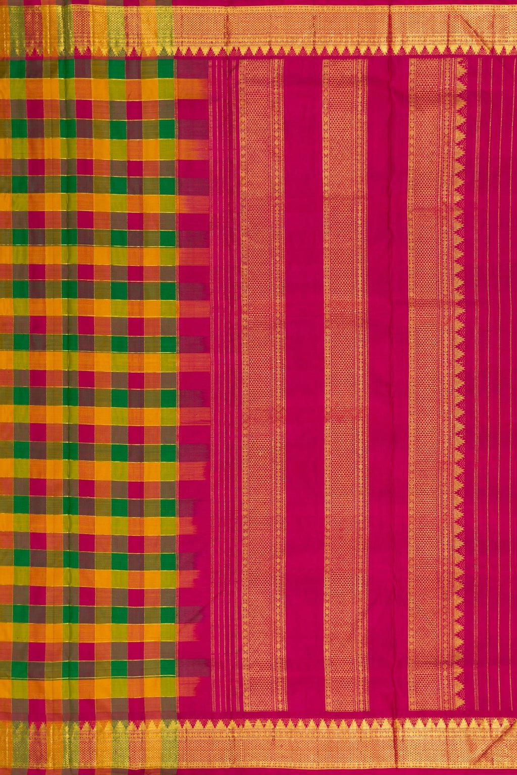 Close up image of the pallu of Pure Silk Pure Zari Maroon, Bottle Green and Musturd Color Kanchipuram Nine Yards Saree with Checked design on the body and Zari Border. 