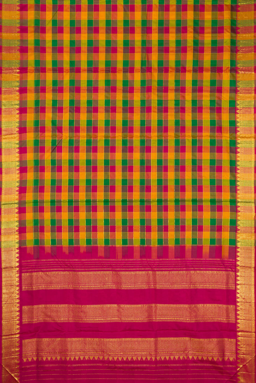Flat view of Pure Silk Pure Zari Maroon, Bottle Green and Musturd Color Kanchipuram Nine Yards Saree with Checked design on the body and Zari Border. 