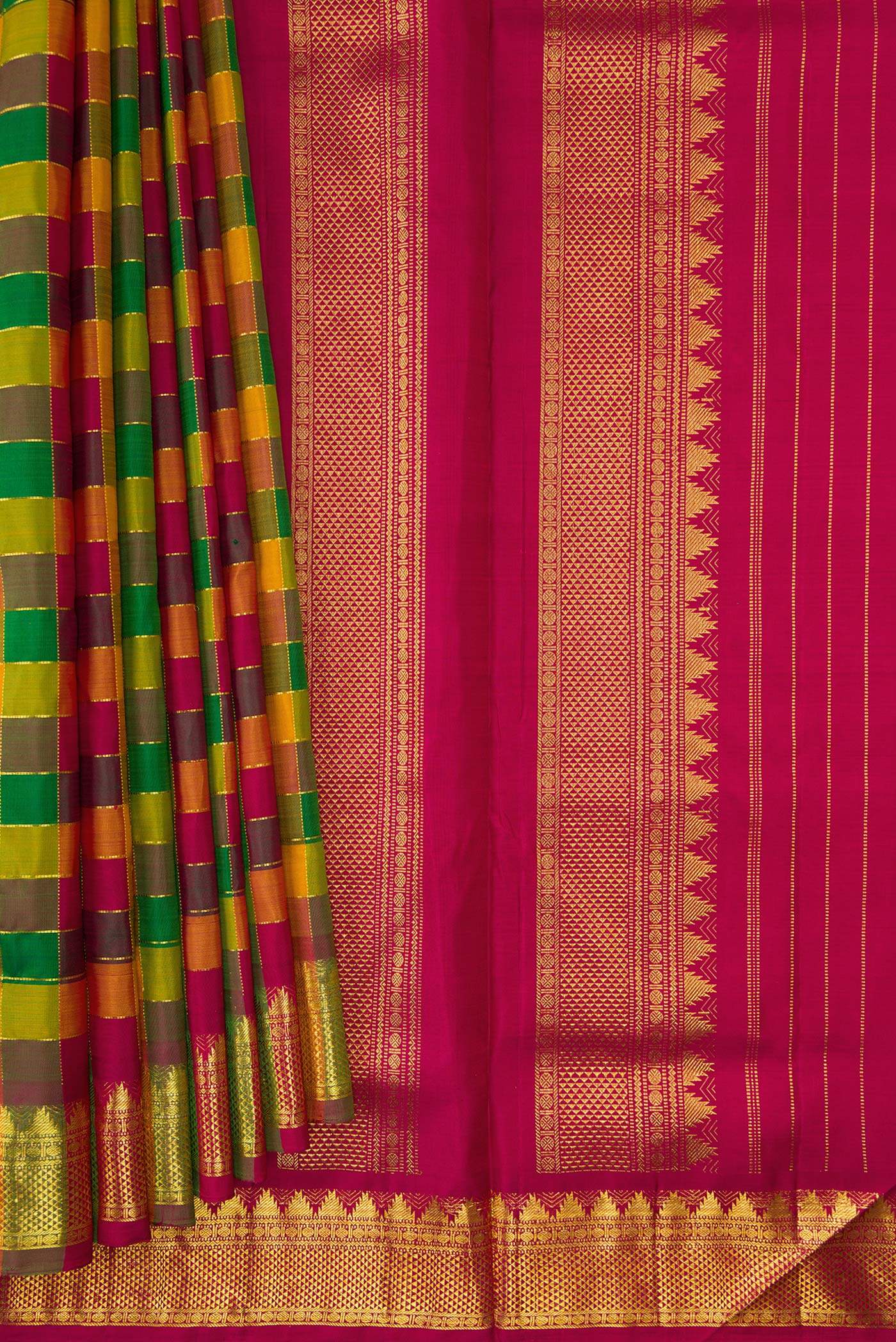 Pleats and pallu of Pure Silk Pure Zari Maroon, Bottle Green and Musturd Color Kanchipuram Nine Yards Saree with Checked design on the body and Zari Border. 