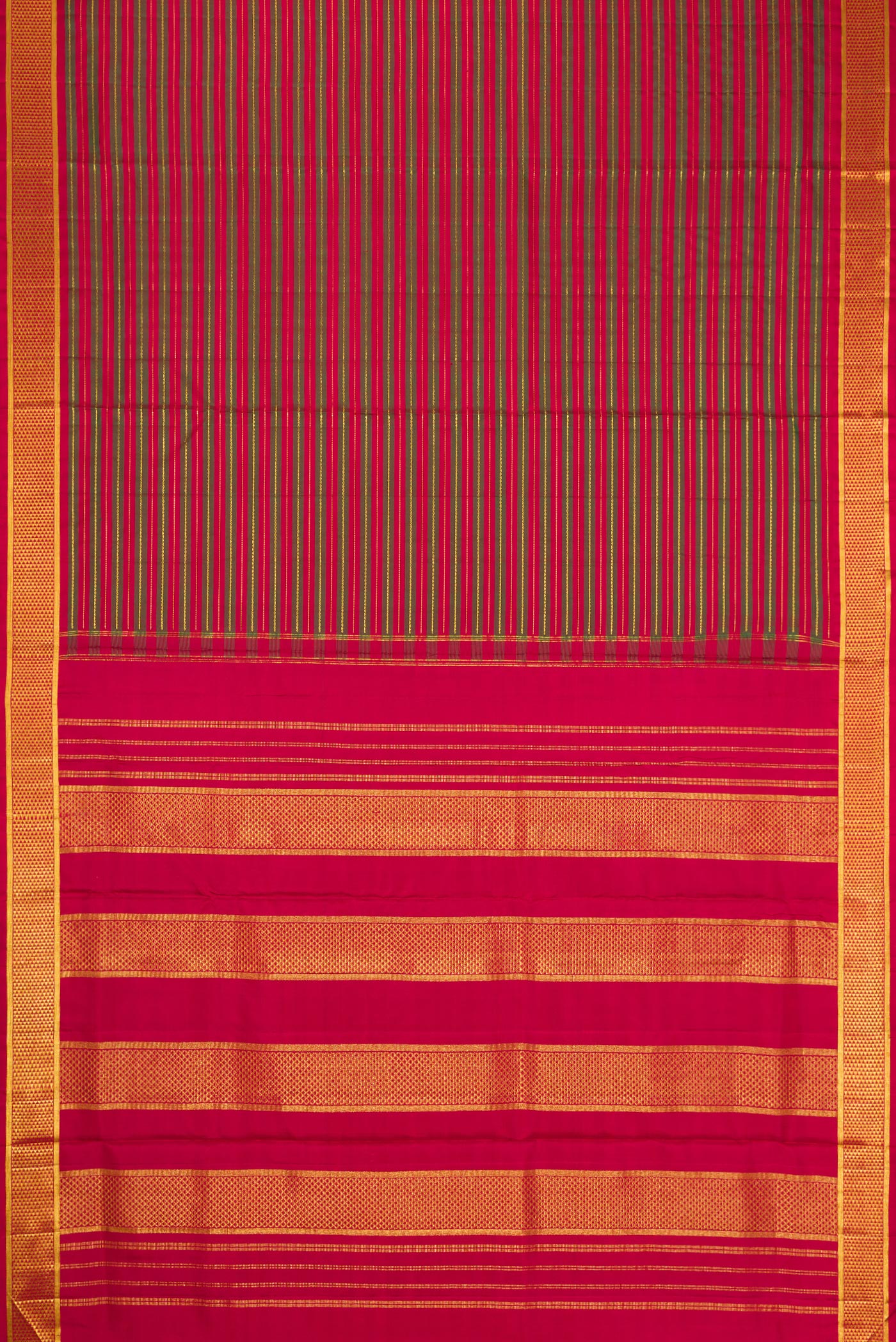 Flat view of Maroon Dual Tone Kanchipuram Silk Nine Yards Saree with Stripes on the body and Zari Border. 