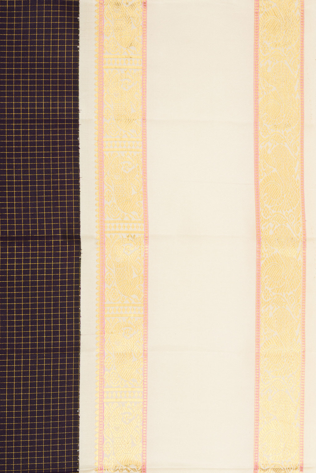 Border image of Pure Silk Pure Zari Burgundy Dual Tone Kanjivaram Saree with Checked design on the body and Zari Border. 