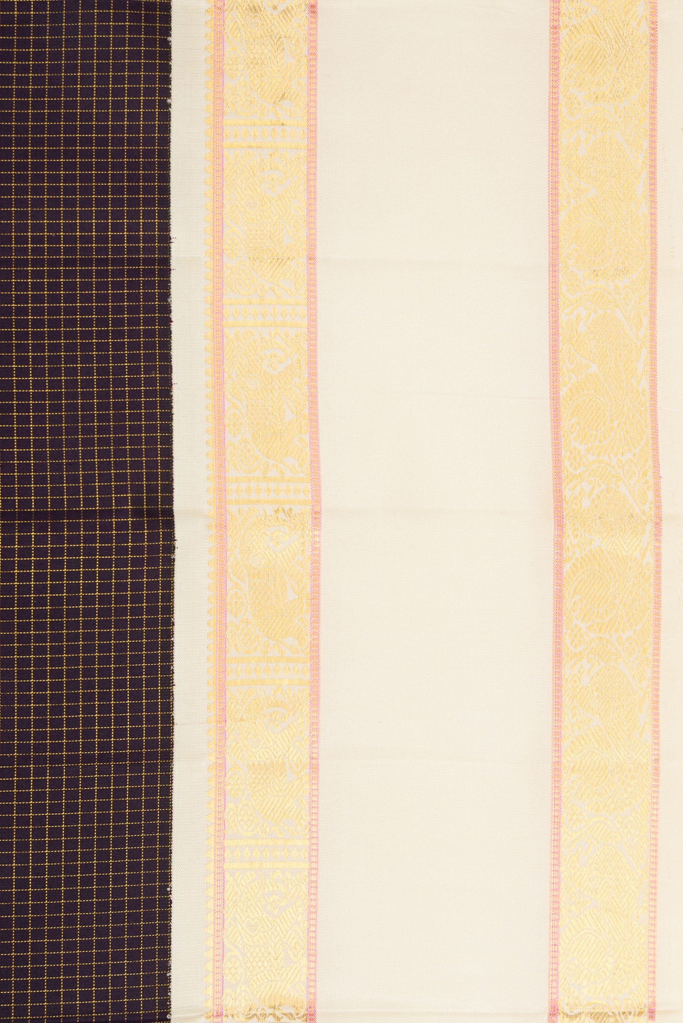 Border image of Pure Silk Pure Zari Burgundy Dual Tone Kanjivaram Saree with Checked design on the body and Zari Border. 