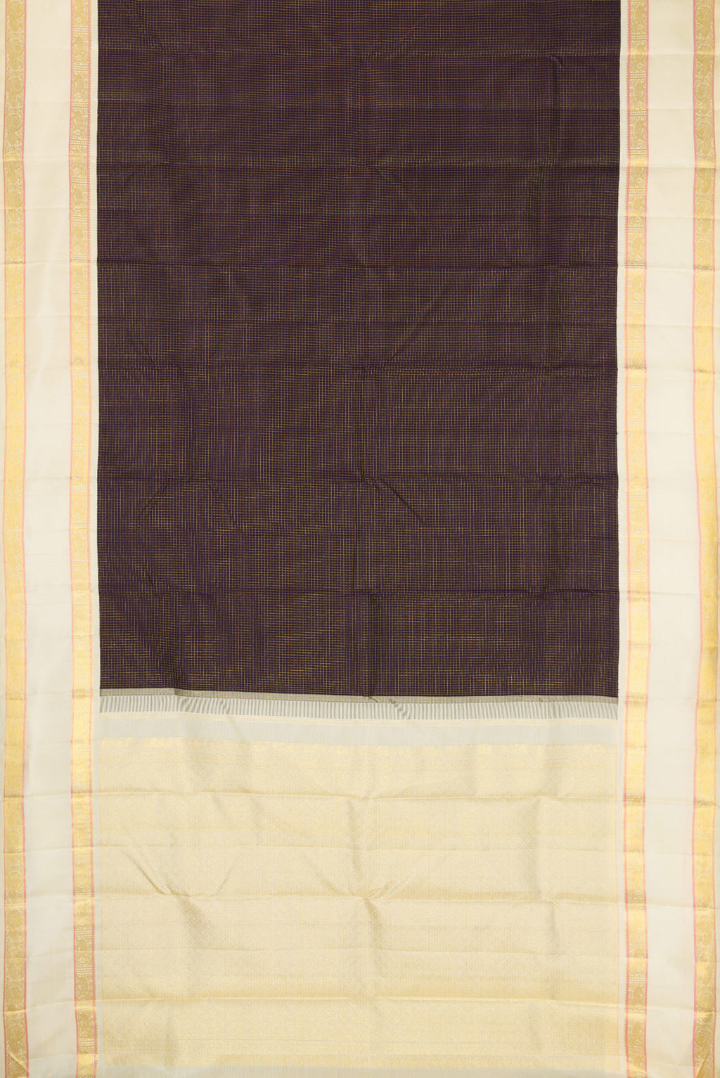 Flat view of Pure Silk Pure Zari Burgundy Dual Tone Kanjivaram Saree with Checked design on the body and Zari Border. 