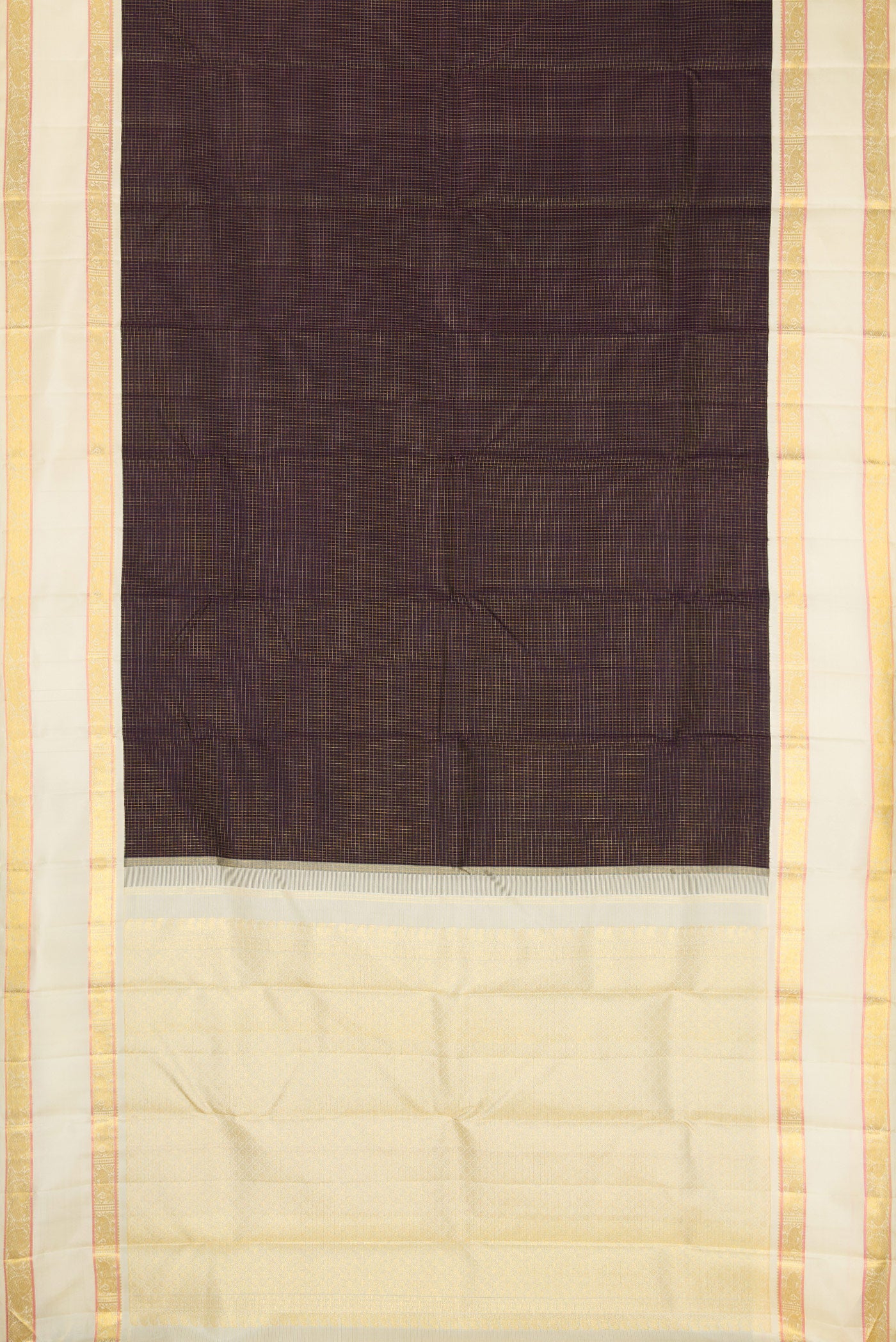 Flat view of Pure Silk Pure Zari Burgundy Dual Tone Kanjivaram Saree with Checked design on the body and Zari Border. 