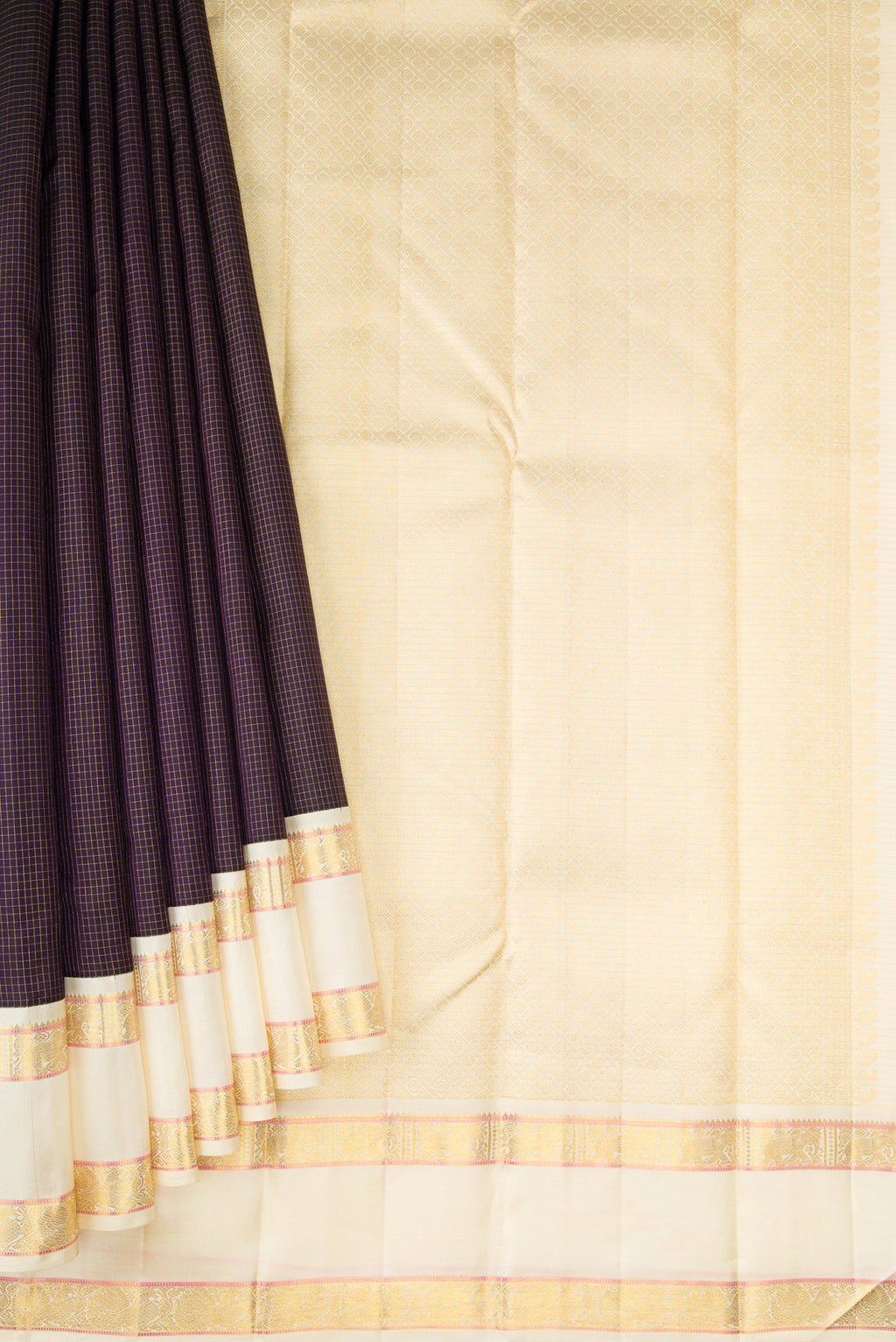 Pleats and pallu of Pure Silk Pure Zari Burgundy Dual Tone Kanjivaram Saree with Checked design on the body and Zari Border. 