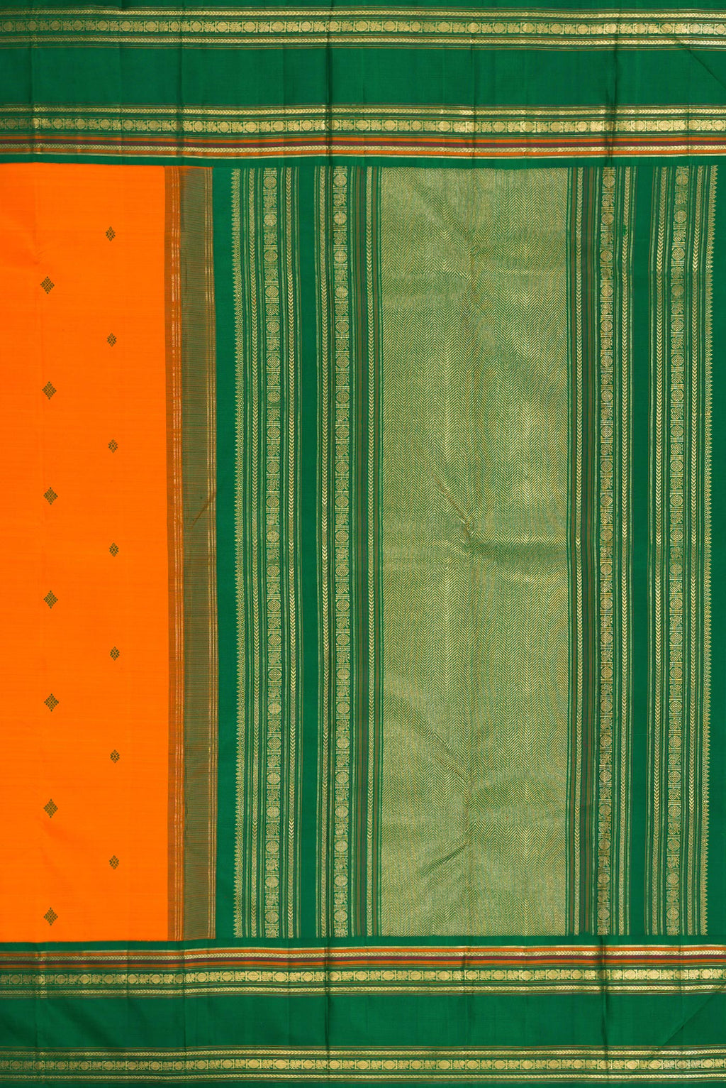 Close up image of the pallu of Pure Silk Pure Zari Orange Dual Tone Kanchipuram Saree with Thread Butta on the body and Zari Border. 