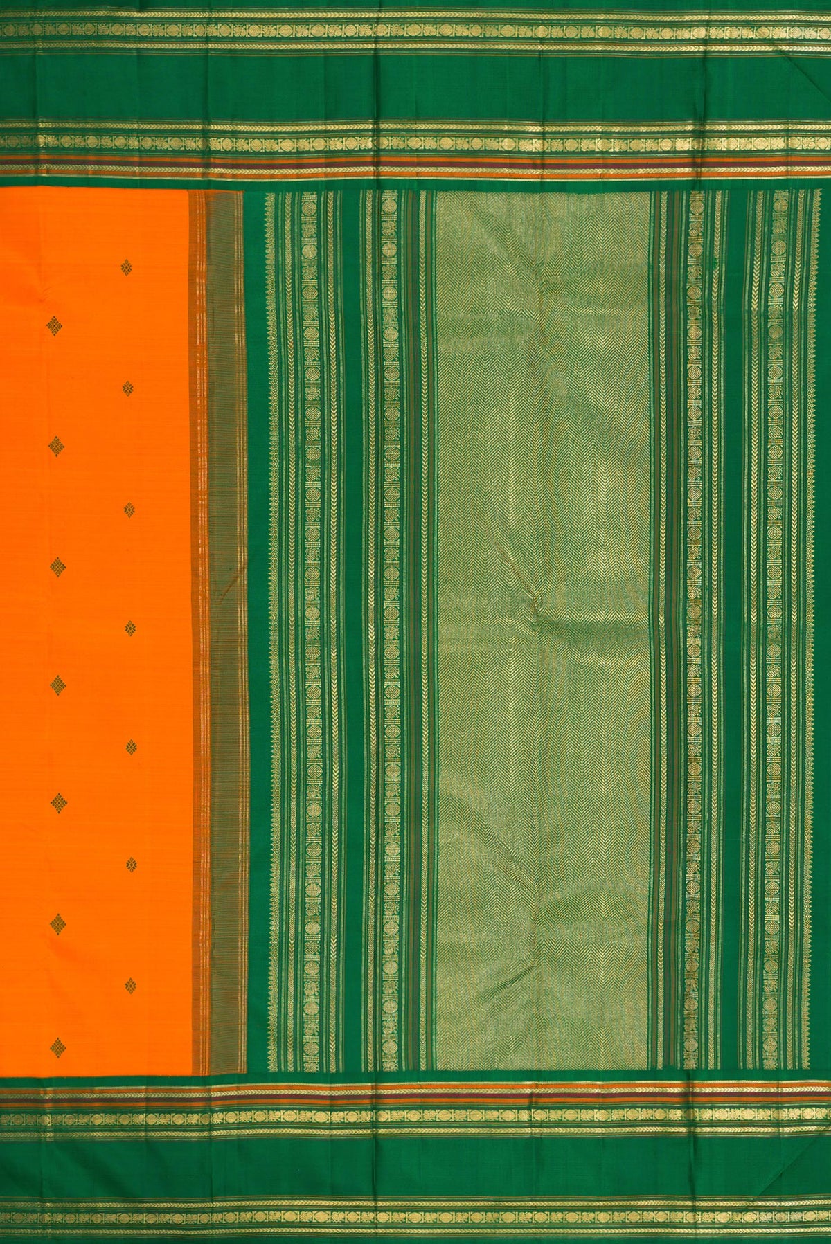 Close up image of the pallu of Pure Silk Pure Zari Orange Dual Tone Kanchipuram Saree with Thread Butta on the body and Zari Border. 