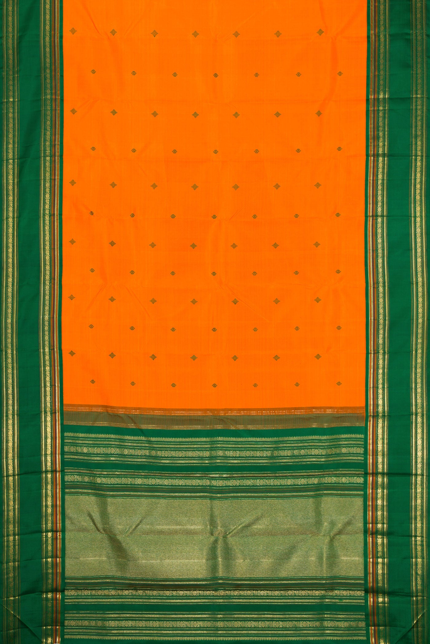 Flat view of Pure Silk Pure Zari Orange Dual Tone Kanchipuram Saree with Thread Butta on the body and Zari Border. 