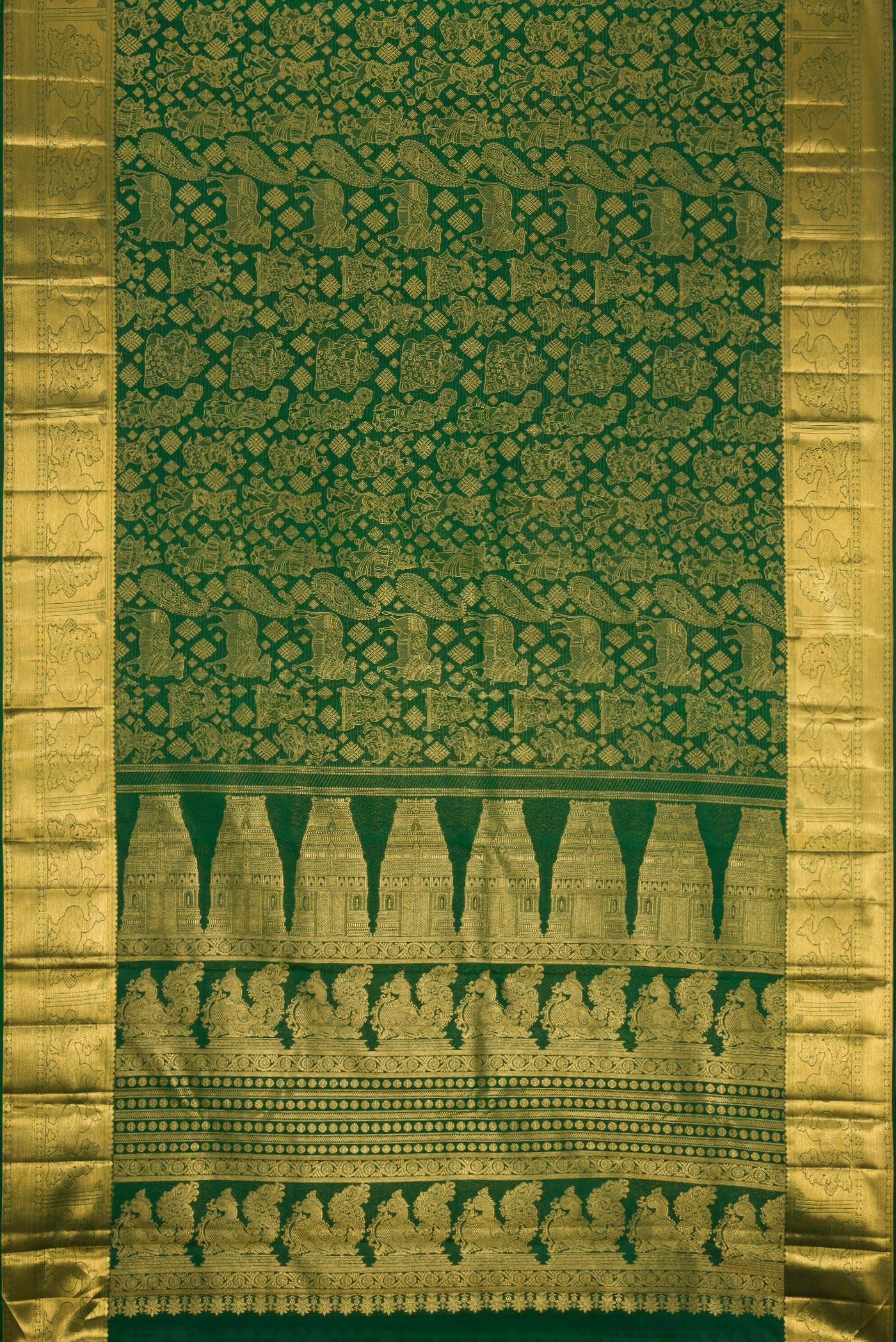 Flat view of Green Dual Tone Kanchipuram Silk Saree with Zari Butta on the body and Zari Border. 