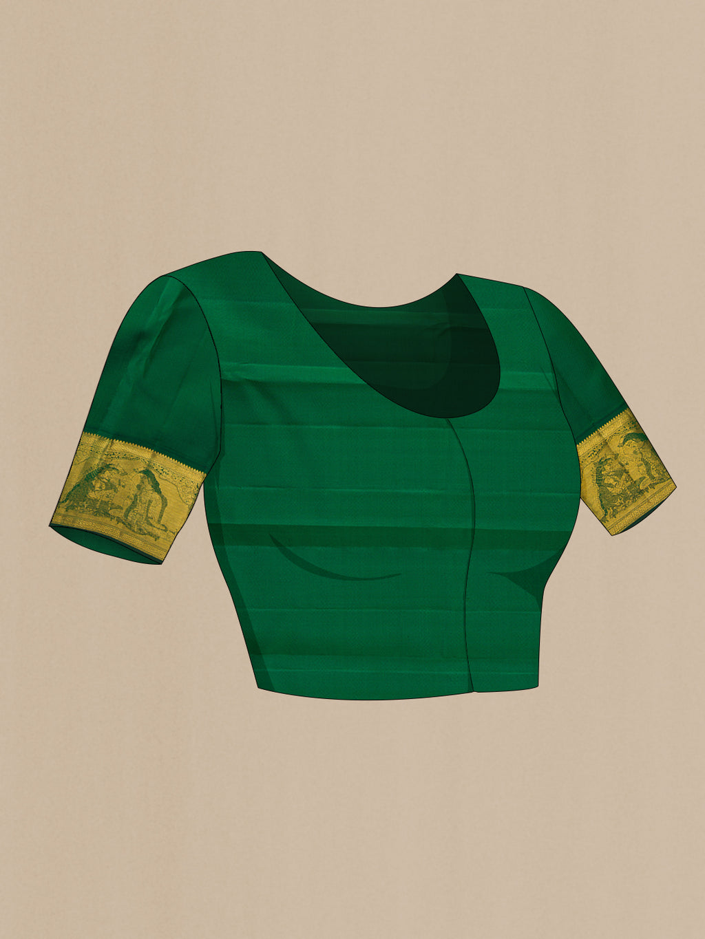 Close up image of the blouse of Bottle Green Kanchipuram Silk Saree with Zari Brocade on the body and Zari Border. 