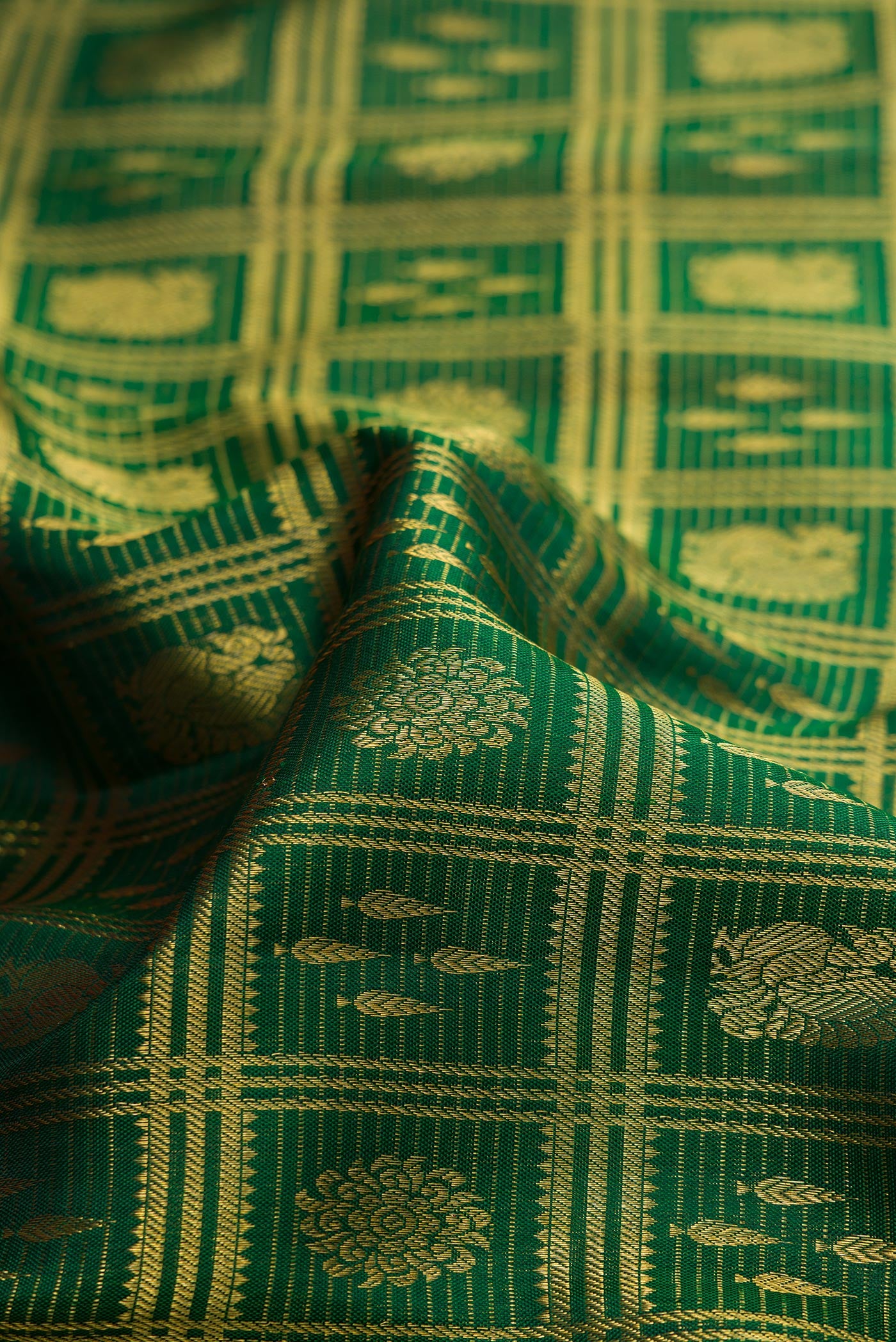 Close up of Bottle Green Kanchipuram Silk Saree with Zari Brocade on the body and Zari Border.  displaying folds