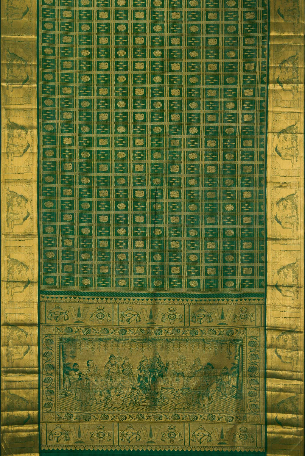 Flat view of Bottle Green Kanchipuram Silk Saree with Zari Brocade on the body and Zari Border. 