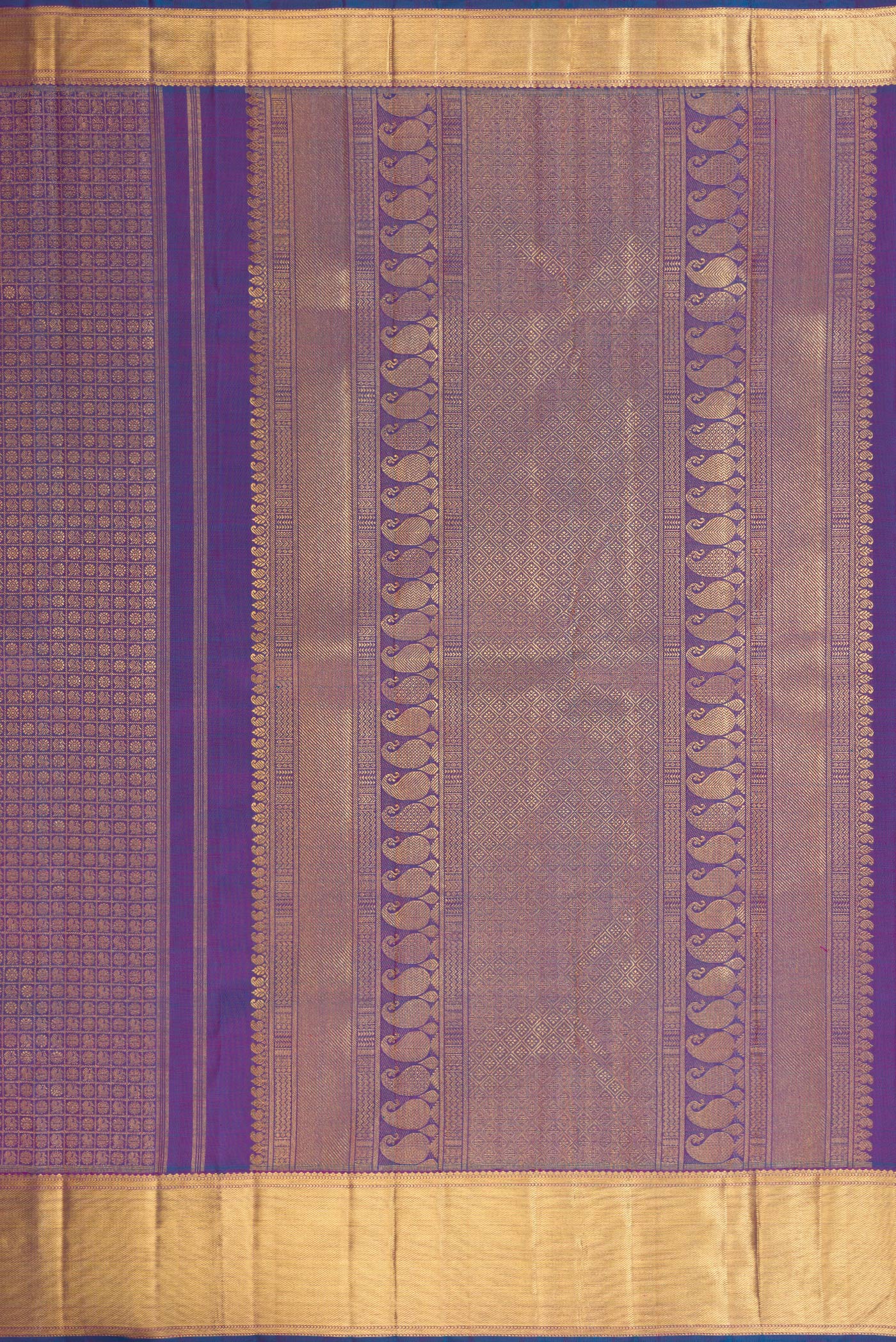 Close up image of the pallu of Pure Silk Pure Zari Peacock Blue Dual Tone Kanjivaram Saree with Zari Brocade on the body and Zari Border. 