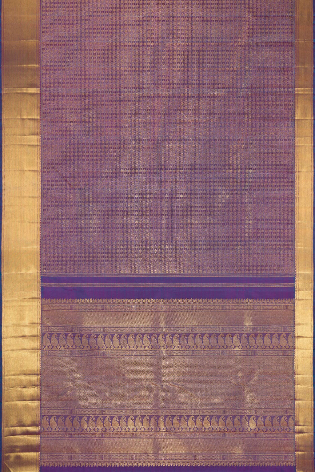 Flat view of Pure Silk Pure Zari Peacock Blue Dual Tone Kanjivaram Saree with Zari Brocade on the body and Zari Border. 