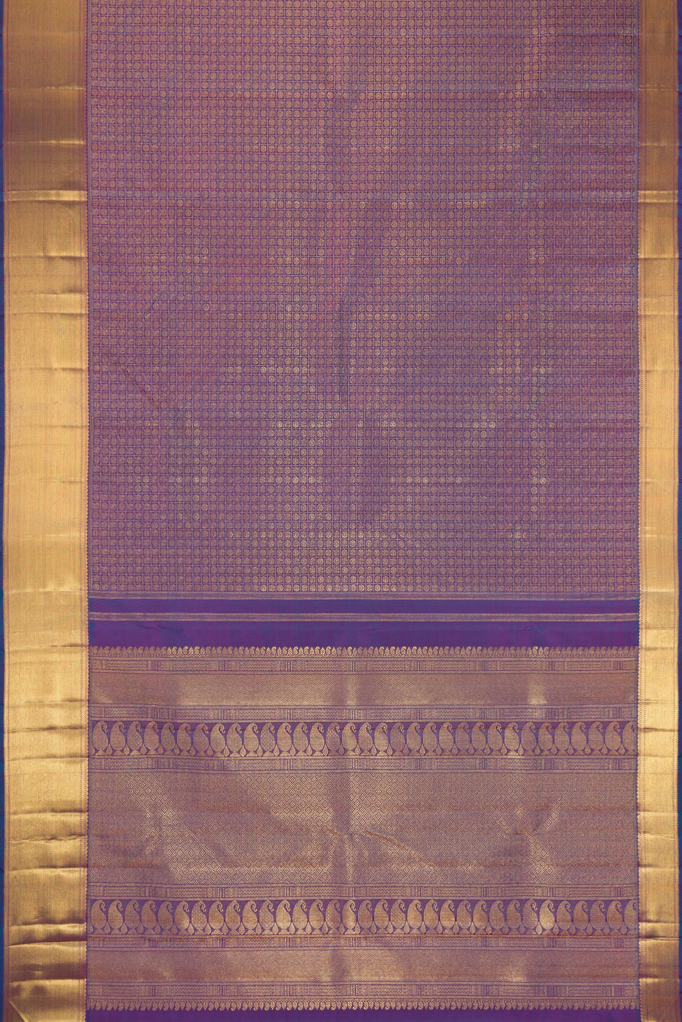 Flat view of Pure Silk Pure Zari Peacock Blue Dual Tone Kanjivaram Saree with Zari Brocade on the body and Zari Border. 