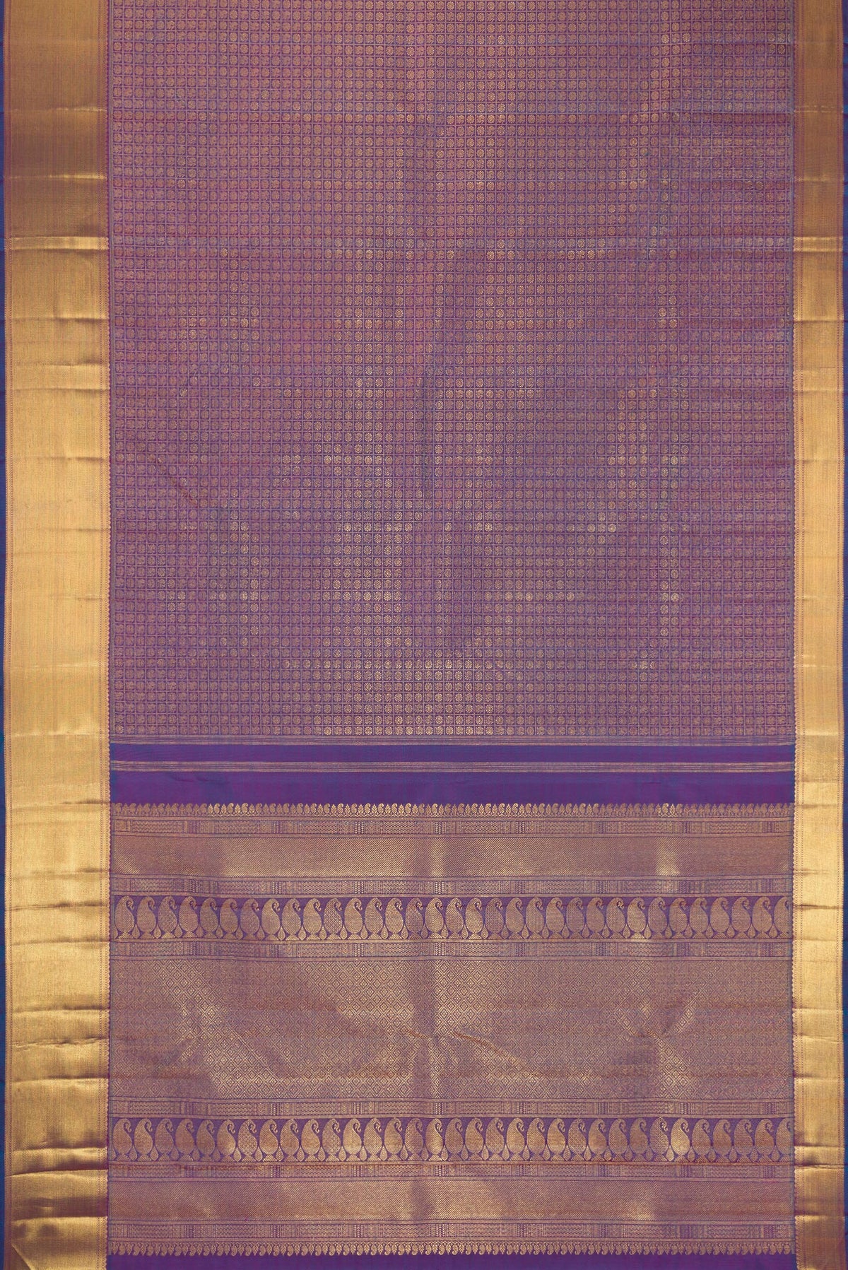 Flat view of Pure Silk Pure Zari Peacock Blue Dual Tone Kanjivaram Saree with Zari Brocade on the body and Zari Border. 