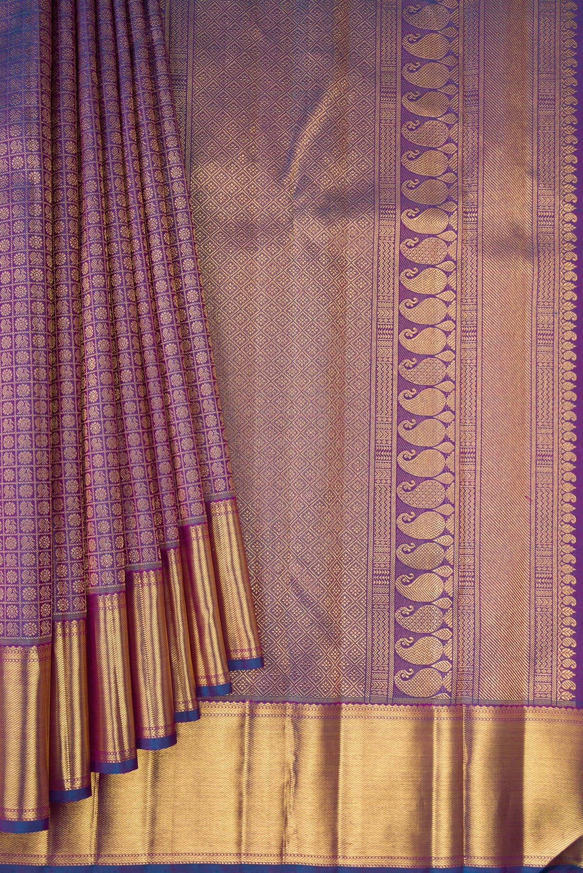 Pleats and pallu of Pure Silk Pure Zari Peacock Blue Dual Tone Kanjivaram Saree with Zari Brocade on the body and Zari Border. 