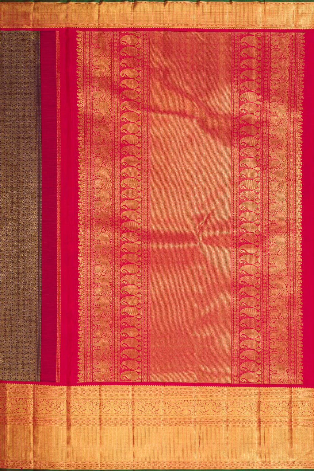 Close up image of the pallu of Pure Silk Pure Zari Burgundy Dual Tone Kanjivaram Saree with Zari Brocade on the body and Zari Border. 