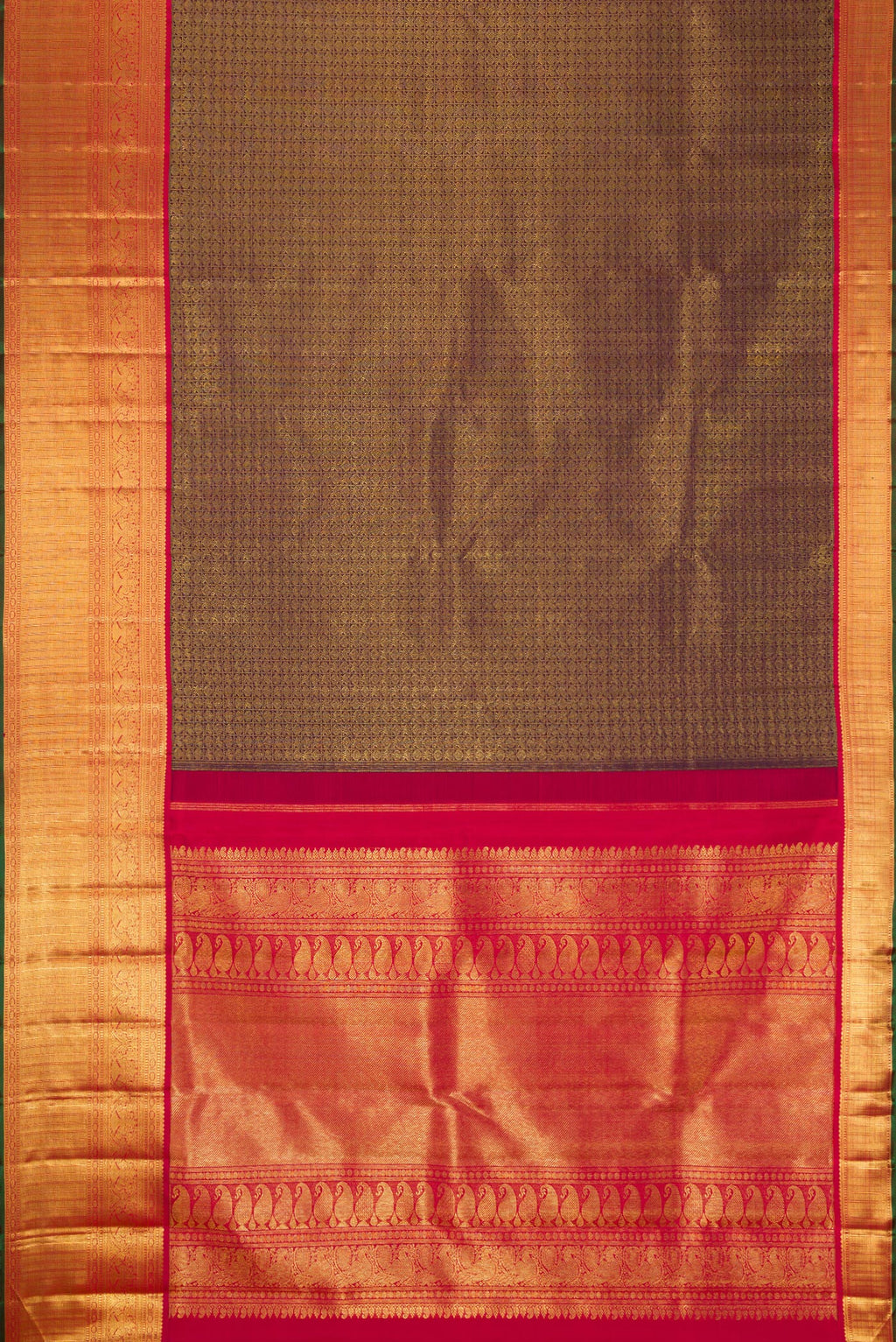 Flat view of Pure Silk Pure Zari Burgundy Dual Tone Kanjivaram Saree with Zari Brocade on the body and Zari Border. 