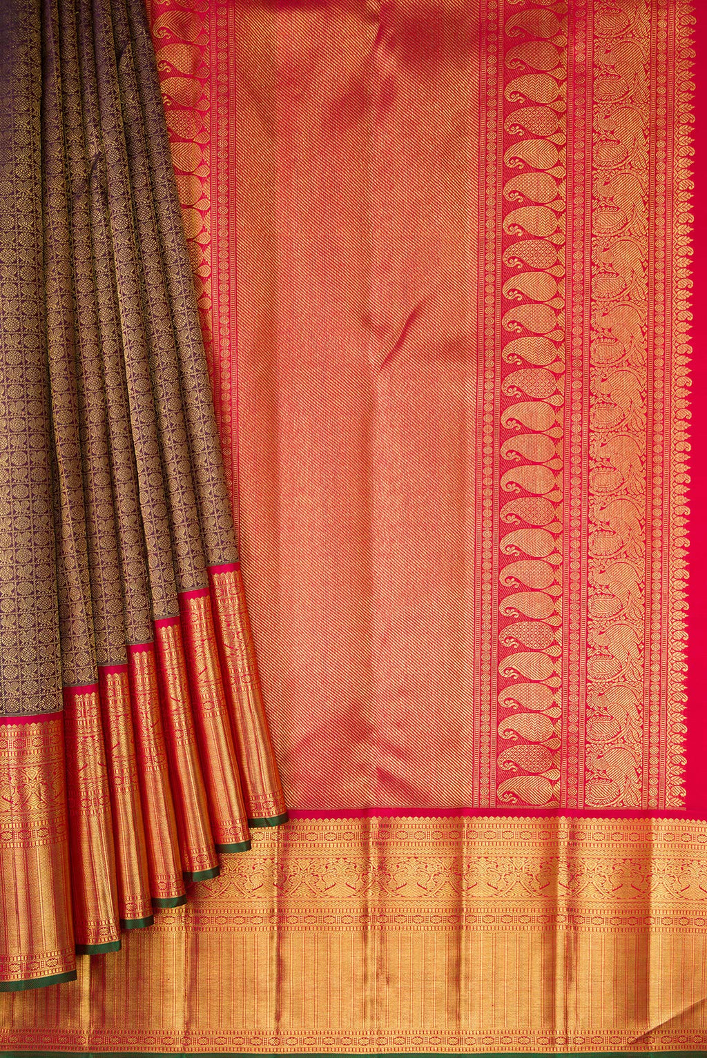 Pleats and pallu of Pure Silk Pure Zari Burgundy Dual Tone Kanjivaram Saree with Zari Brocade on the body and Zari Border. 
