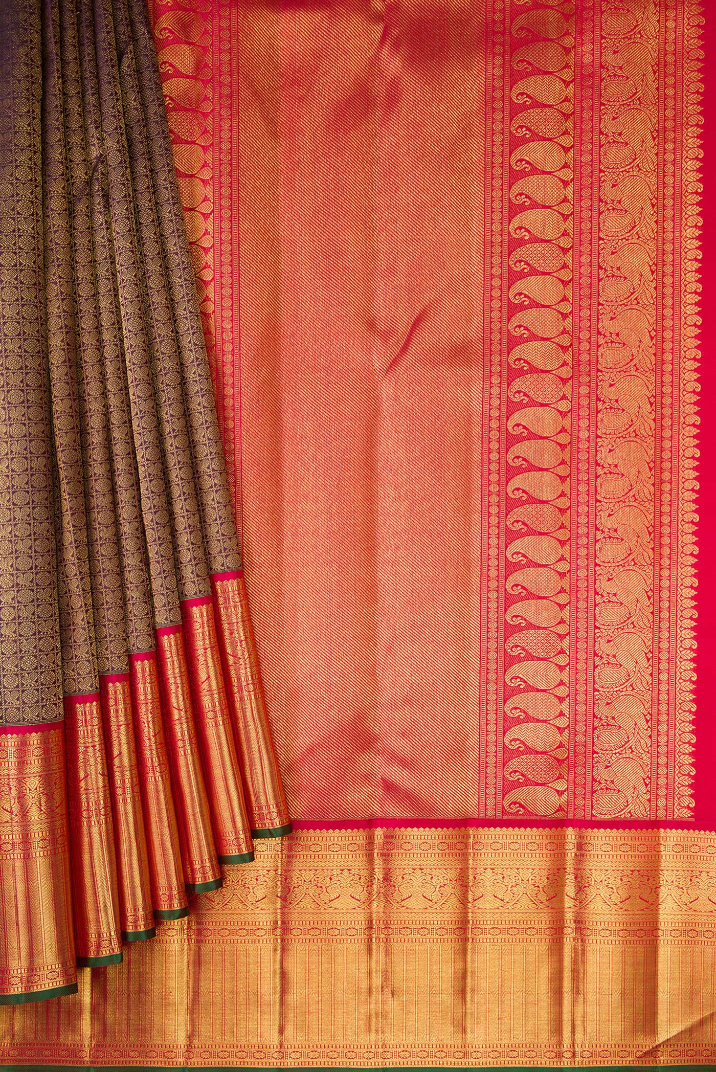 Pleats and pallu of Pure Silk Pure Zari Burgundy Dual Tone Kanjivaram Saree with Zari Brocade on the body and Zari Border. 
