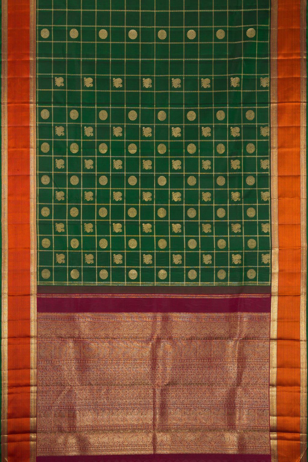 Flat view of Pure Silk Pure Zari Bottle Green Dual Tone Kanjivaram Saree with Checked design on the body and Zari And Thread Border. 