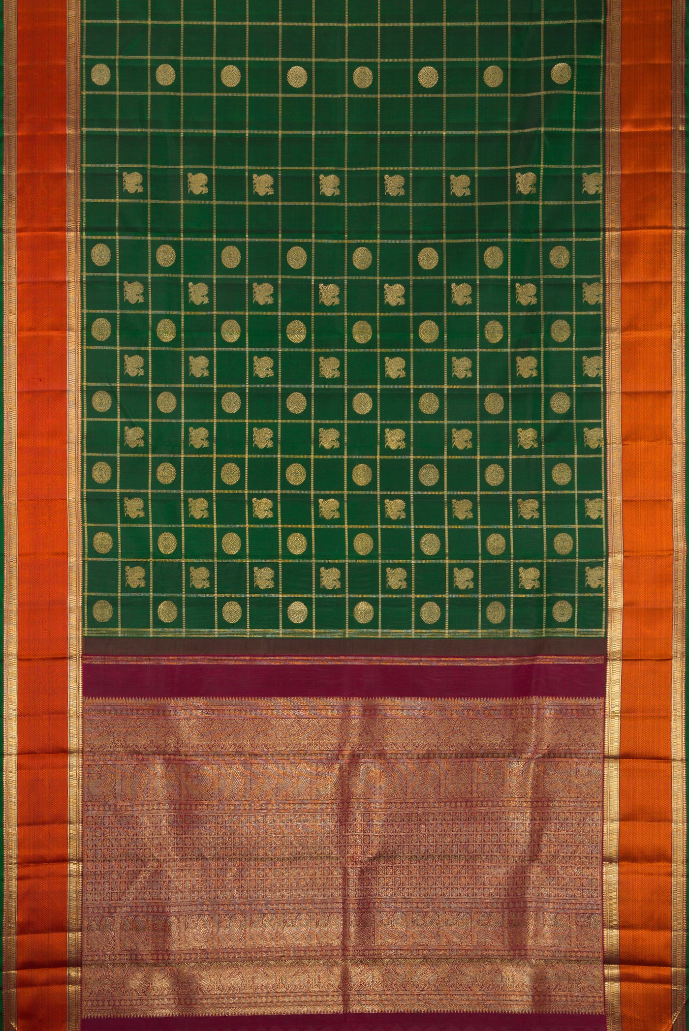 Flat view of Pure Silk Pure Zari Bottle Green Dual Tone Kanjivaram Saree with Checked design on the body and Zari And Thread Border. 