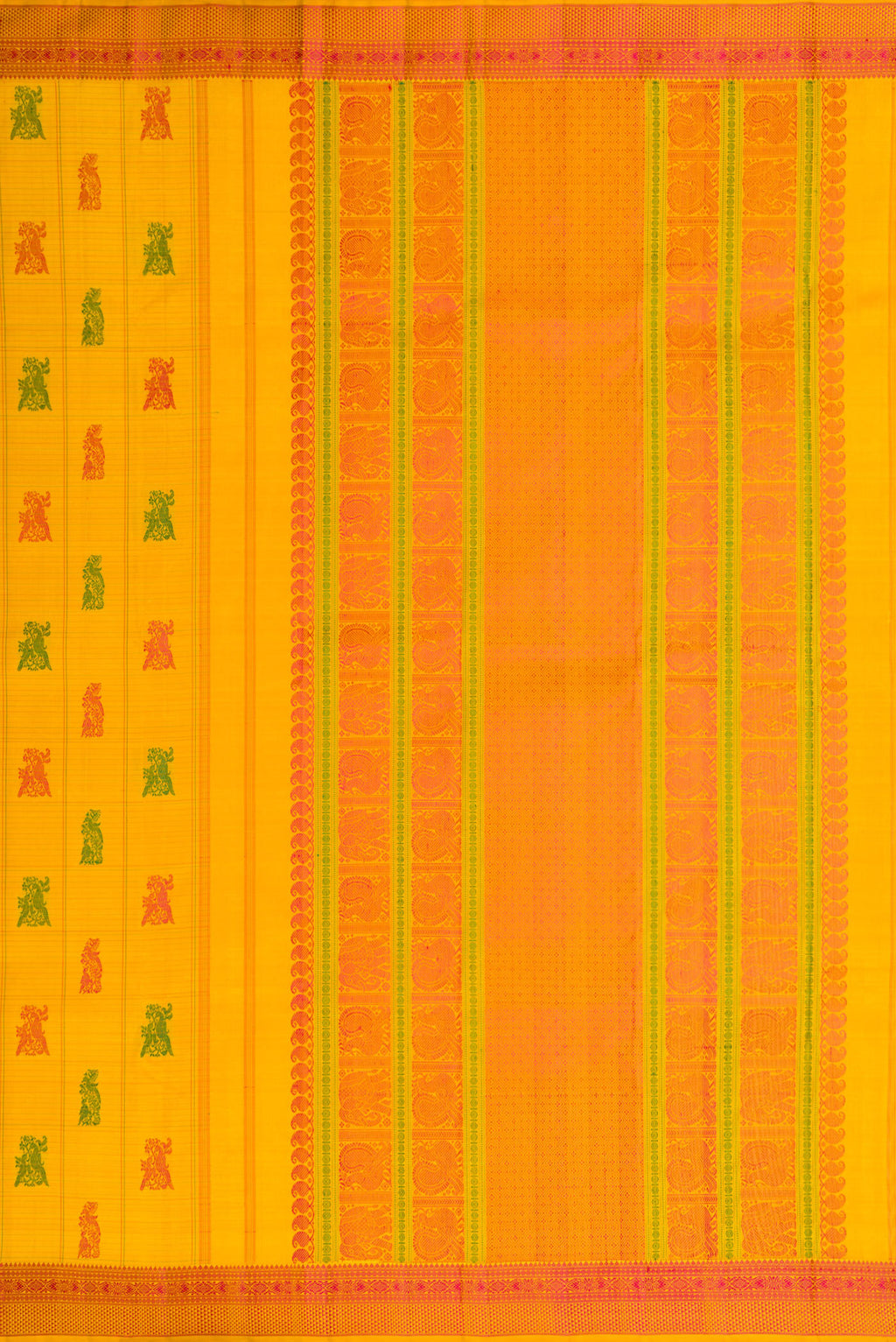 Close up image of the pallu of Mustard Dual Tone Kanchipuram Silk Saree with Stripes on the body and Fancy Border. 