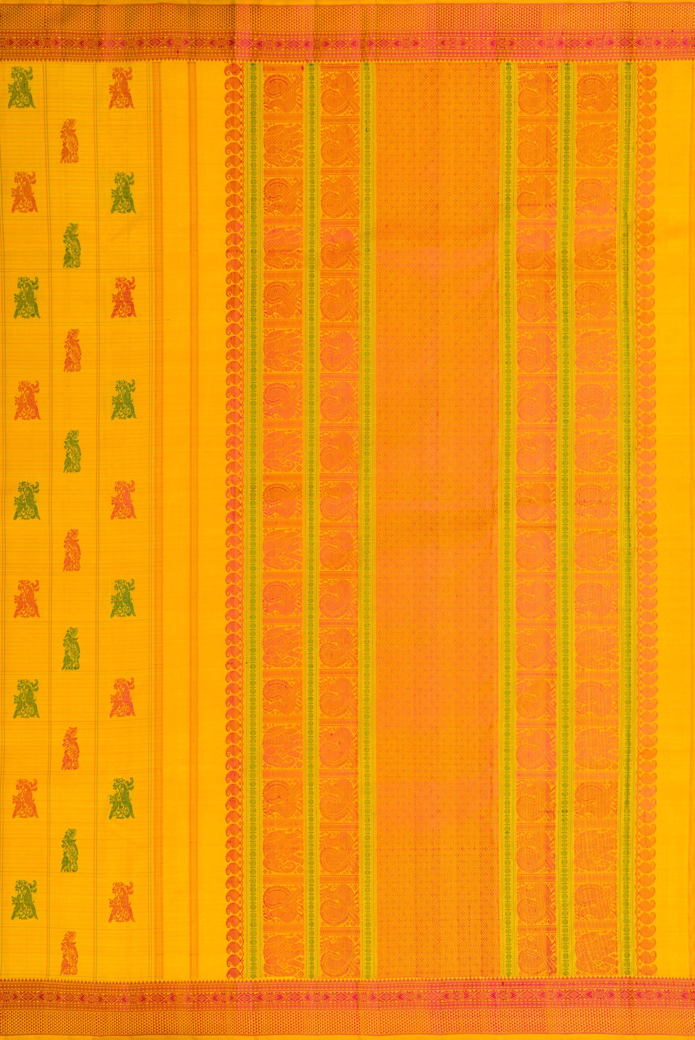 Close up image of the pallu of Mustard Dual Tone Kanchipuram Silk Saree with Stripes on the body and Fancy Border. 