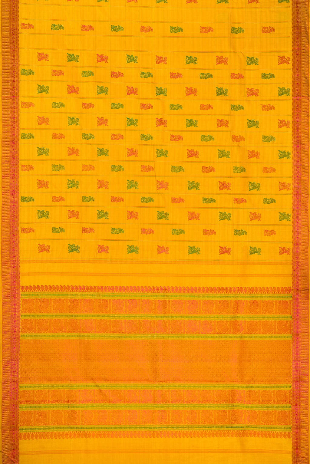 Flat view of Mustard Dual Tone Kanchipuram Silk Saree with Stripes on the body and Fancy Border. 