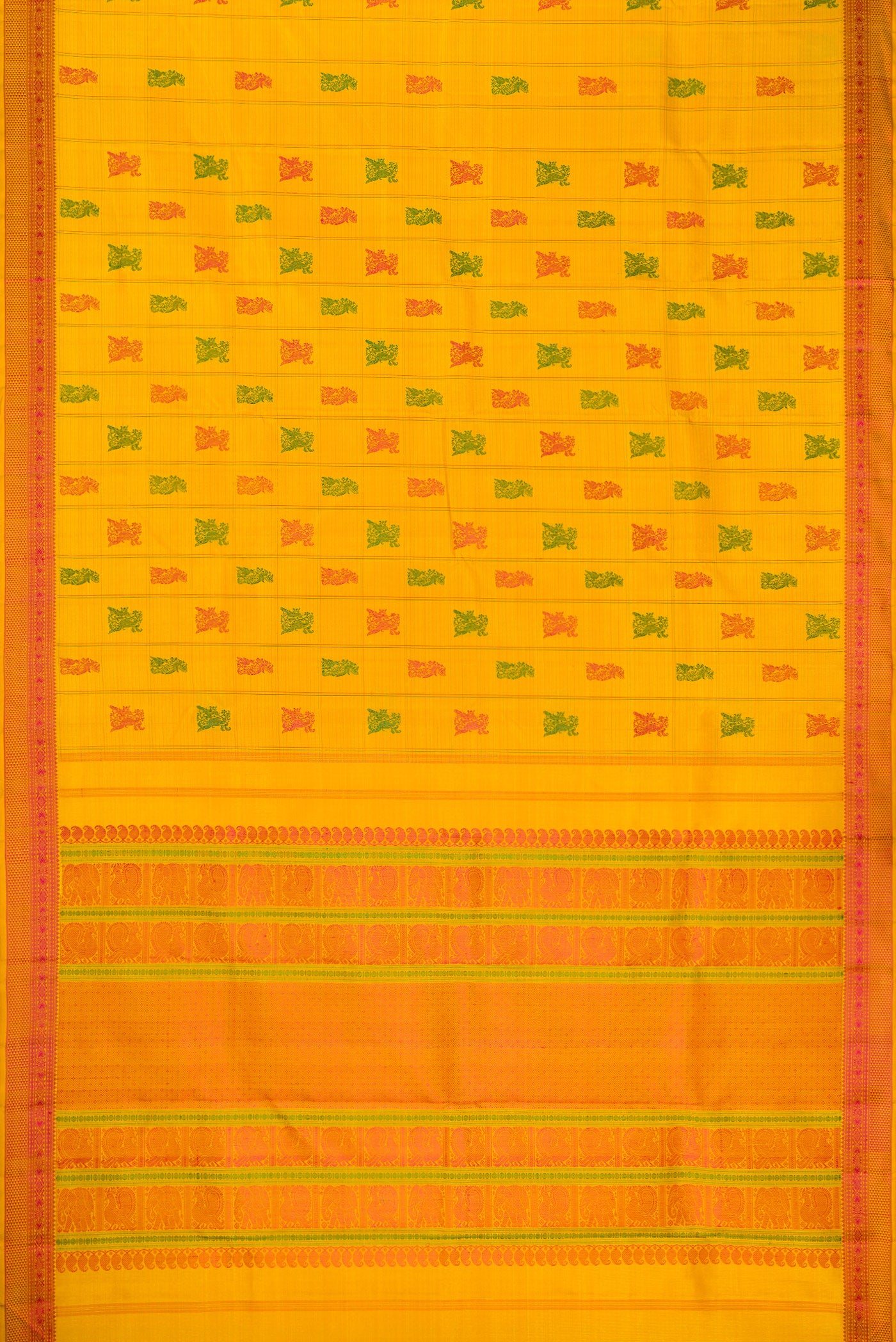 Flat view of Mustard Dual Tone Kanchipuram Silk Saree with Stripes on the body and Fancy Border. 