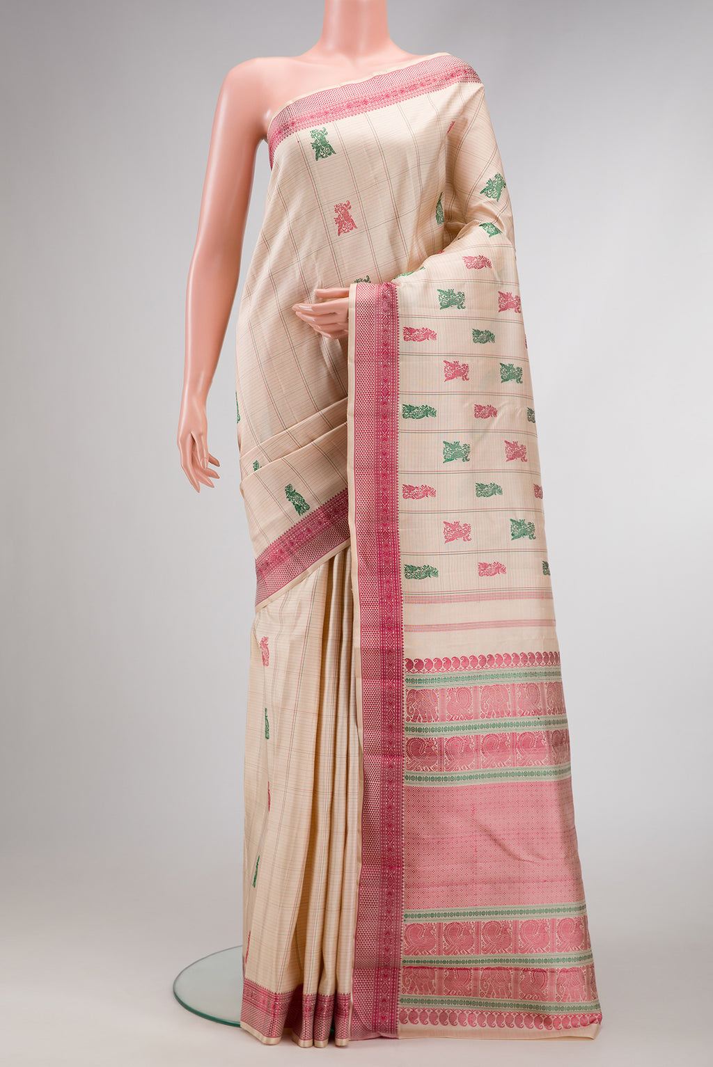 Beige Dual Tone Kanchipuram Silk Saree with Stripes on the body and Fancy Border.  displayed on a mannequin