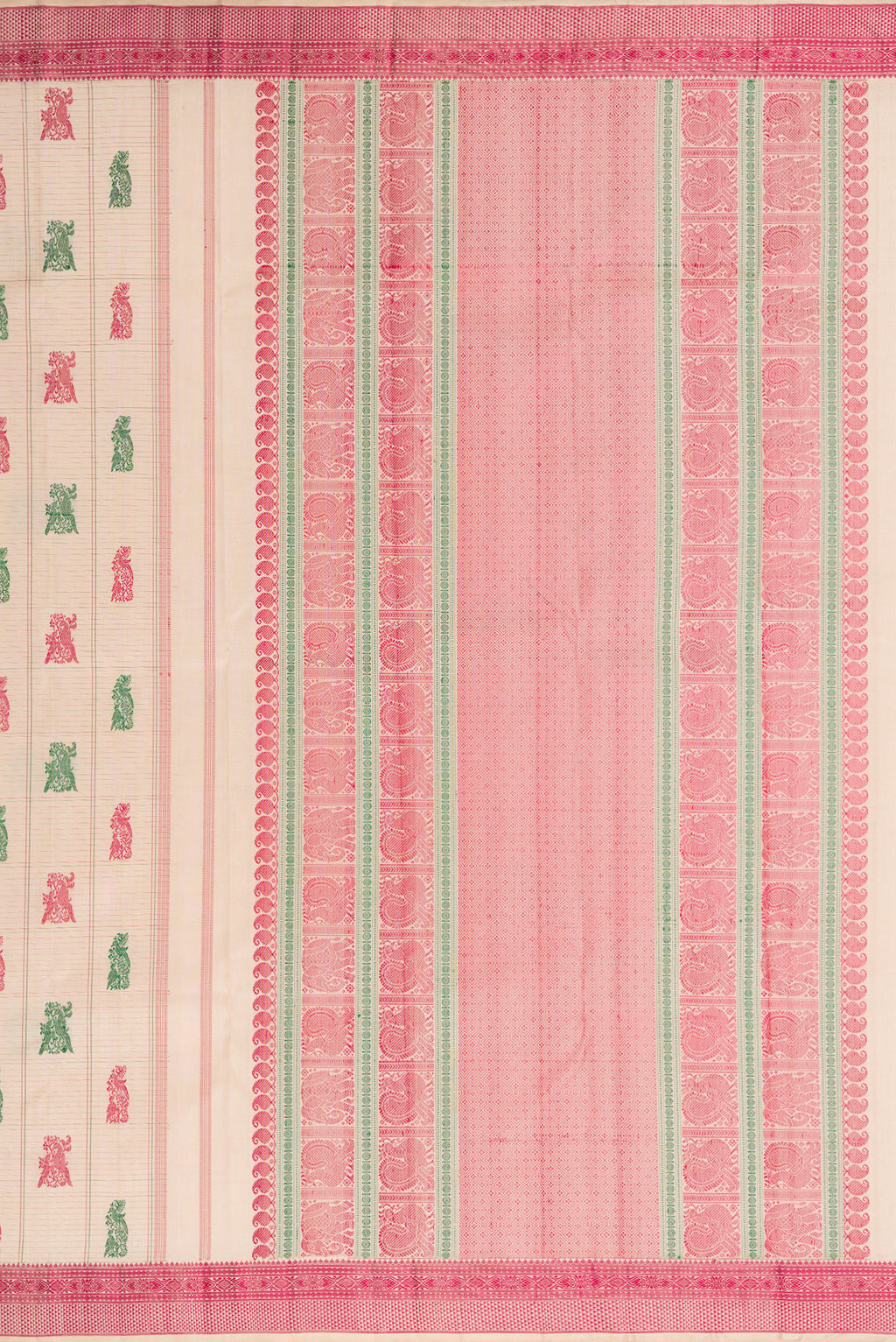 Close up image of the pallu of Beige Dual Tone Kanchipuram Silk Saree with Stripes on the body and Fancy Border. 