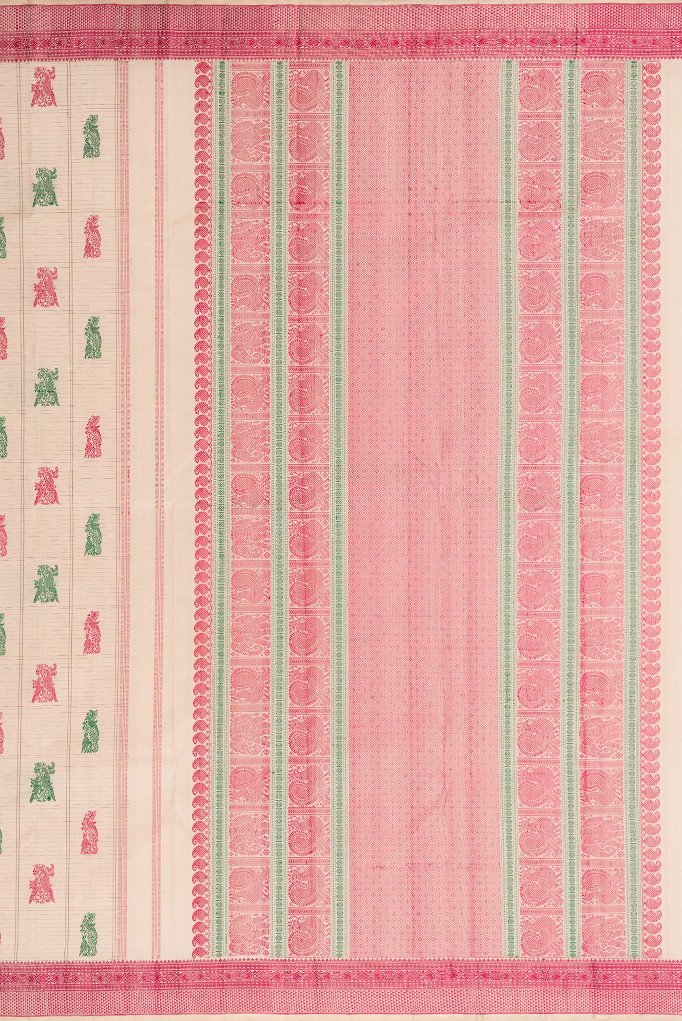 Close up image of the pallu of Beige Dual Tone Kanchipuram Silk Saree with Stripes on the body and Fancy Border. 