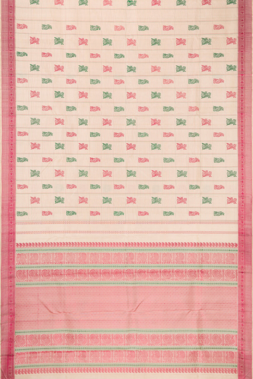 Flat view of Beige Dual Tone Kanchipuram Silk Saree with Stripes on the body and Fancy Border. 