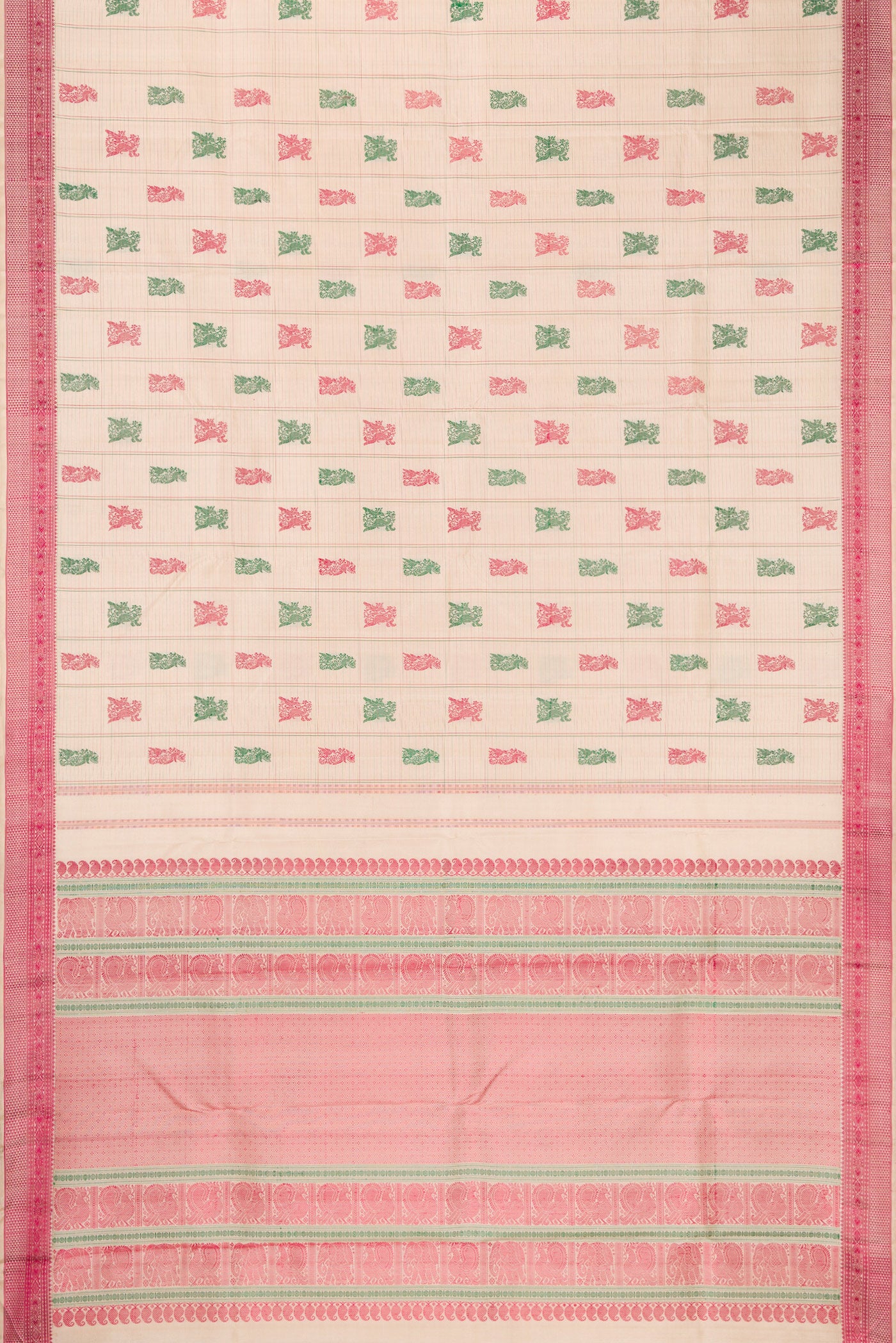Flat view of Beige Dual Tone Kanchipuram Silk Saree with Stripes on the body and Fancy Border. 