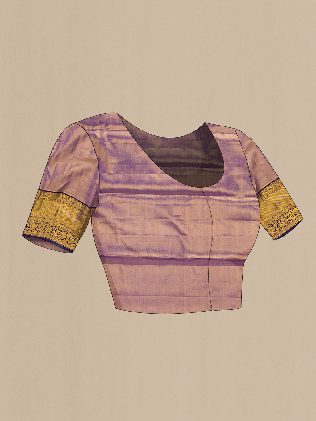 Close up image of the blouse of Gold Dual Tone Kanchipuram Tissue Silk Saree with Zari Brocade on the body and Zari Border. 