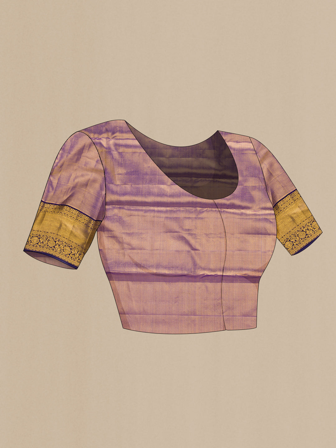 Close up image of the blouse of Gold Dual Tone Kanchipuram Tissue Silk Saree with Zari Brocade on the body and Zari Border. 