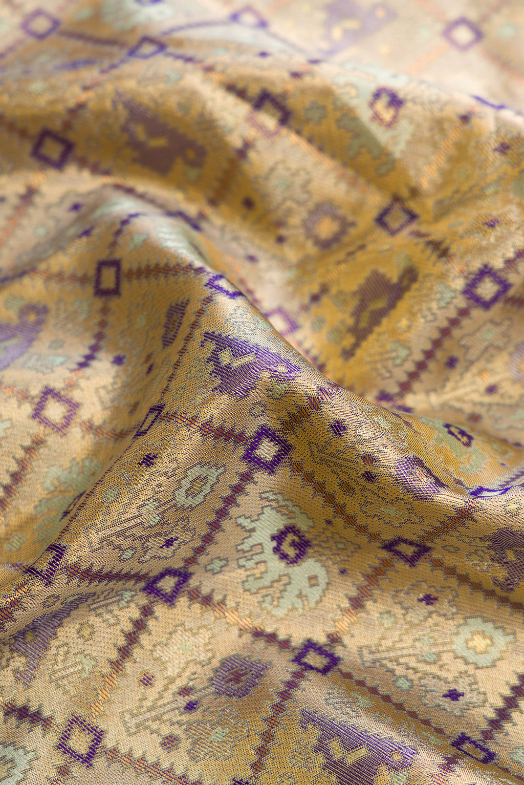 Close up of Gold Dual Tone Kanchipuram Tissue Silk Saree with Zari Brocade on the body and Zari Border.  displaying folds