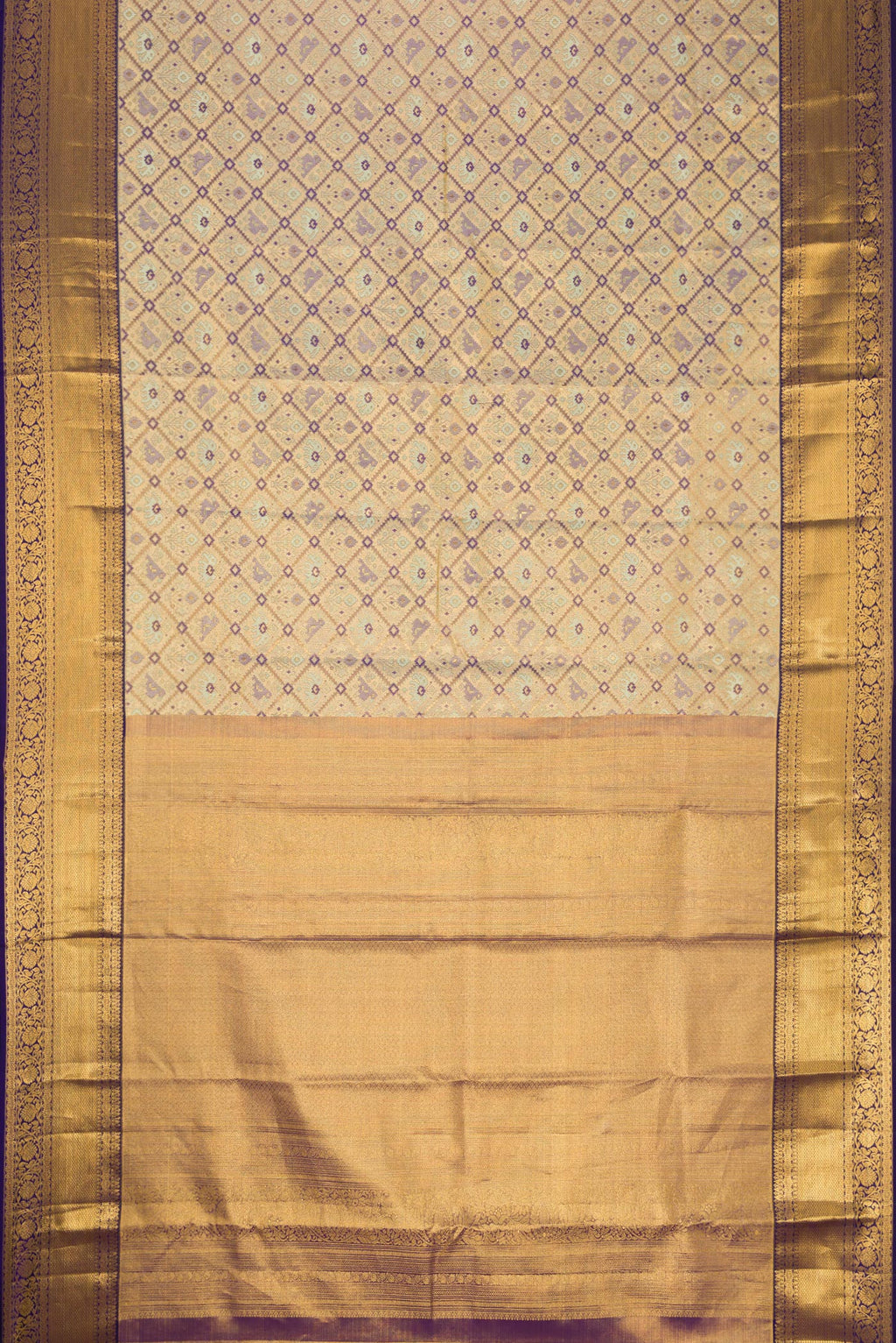 Flat view of Gold Dual Tone Kanchipuram Tissue Silk Saree with Zari Brocade on the body and Zari Border. 